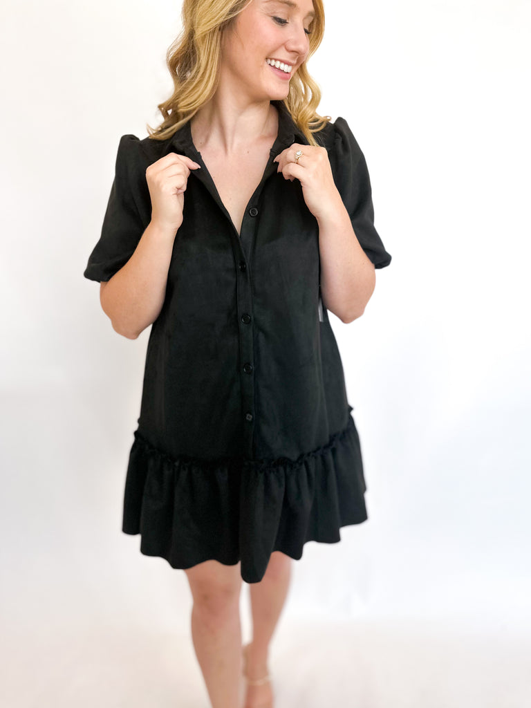 Flirty Suede Ruffle Mini Dress- Black-510 Mini-FATE-July & June Women's Fashion Boutique Located in San Antonio, Texas