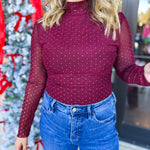 Sheer Rhinestone Long Sleeve Top - Burgundy-200 Fashion Blouses-SKIES ARE BLUE-July & June Women's Fashion Boutique Located in San Antonio, Texas