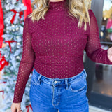 Sheer Rhinestone Long Sleeve Top - Burgundy-200 Fashion Blouses-SKIES ARE BLUE-July & June Women's Fashion Boutique Located in San Antonio, Texas
