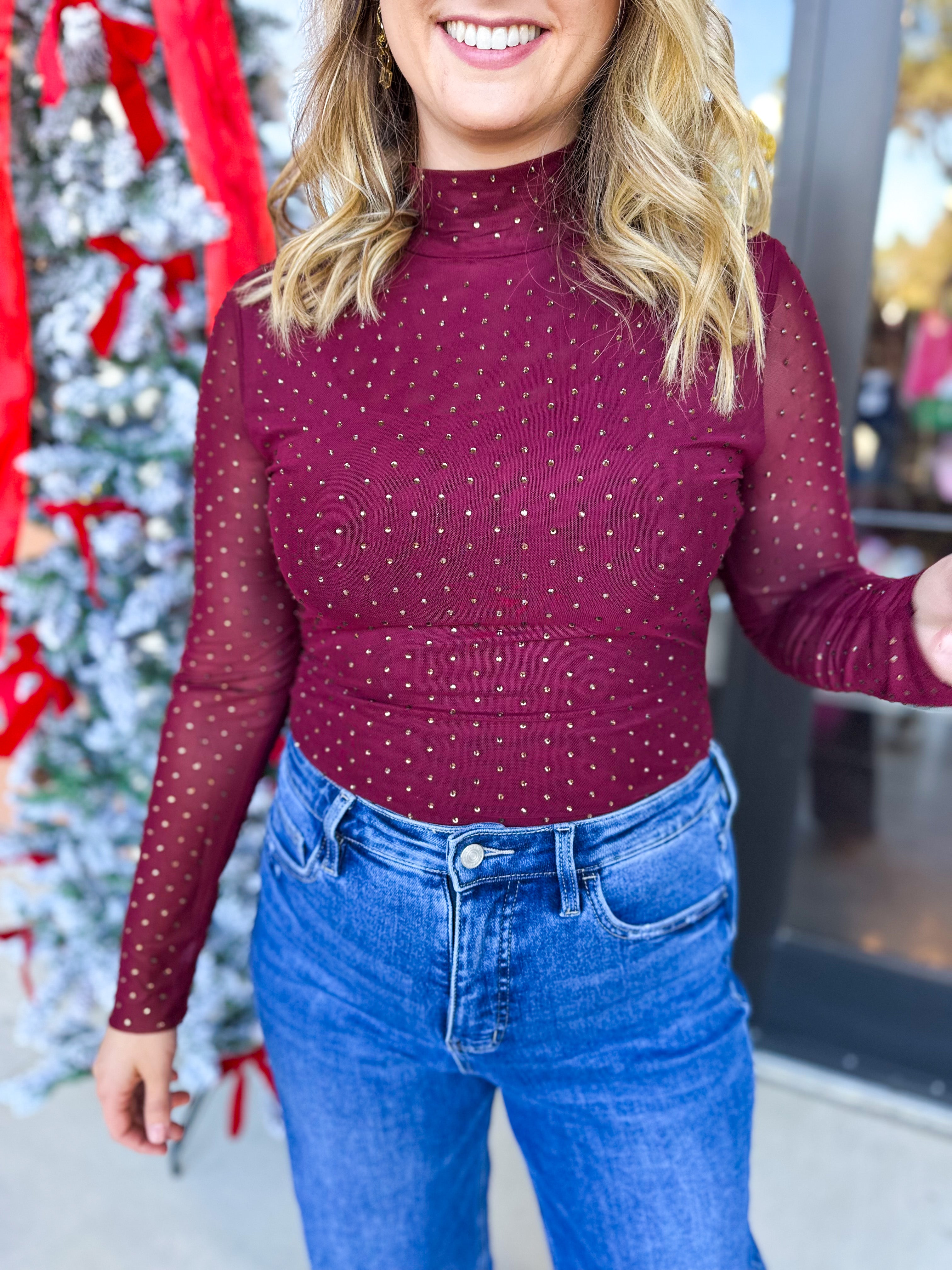 Sheer Rhinestone Long Sleeve Top - Burgundy-200 Fashion Blouses-SKIES ARE BLUE-July & June Women's Fashion Boutique Located in San Antonio, Texas