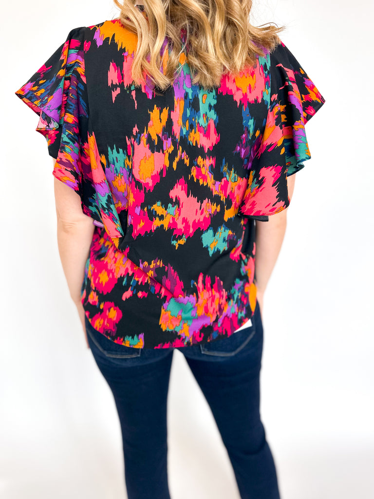 Abstract Ruffle Blouse- Black-200 Fashion Blouses-ENTRO-July & June Women's Fashion Boutique Located in San Antonio, Texas