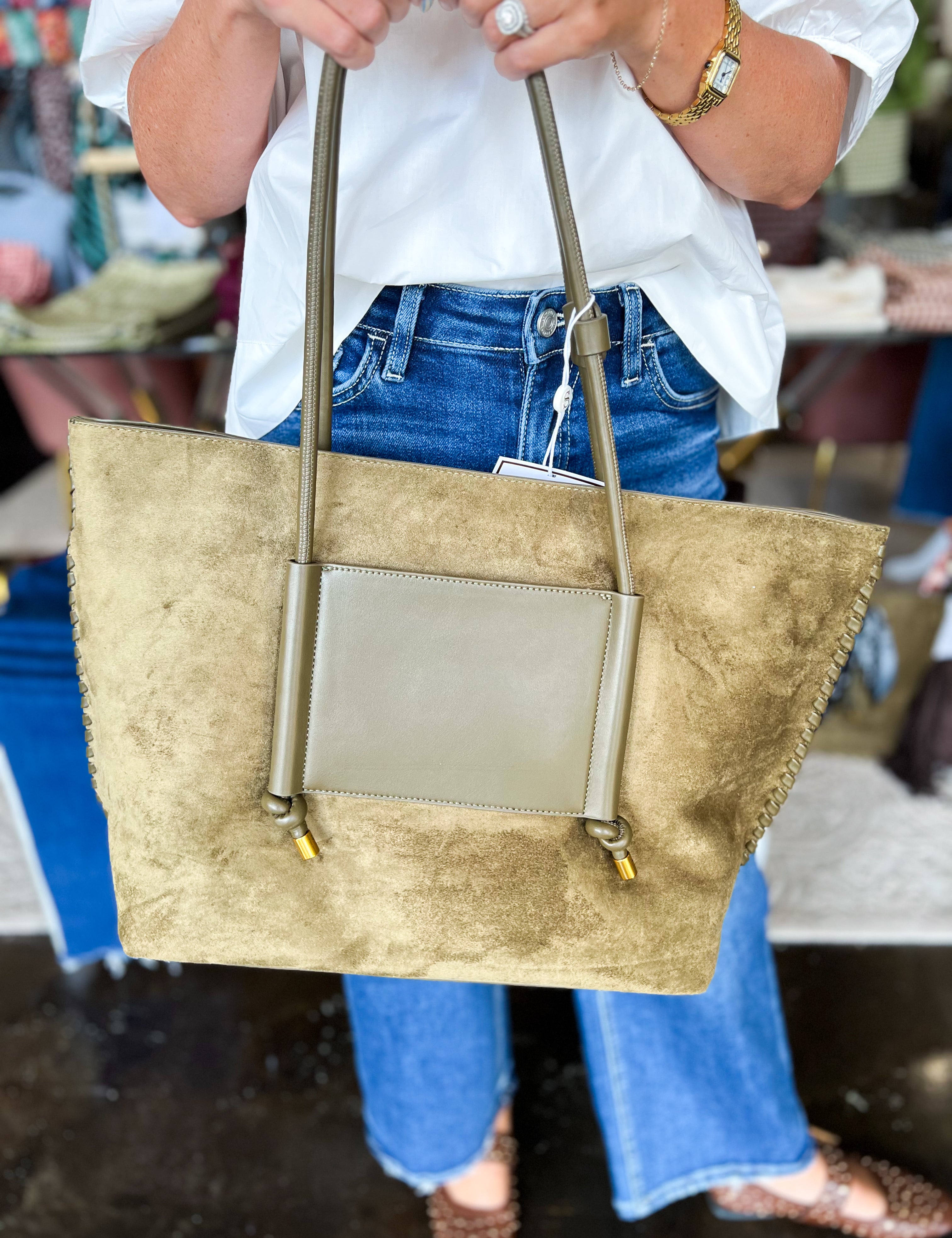 Paige Suede Tote Bag - Olive-130 ACCESSORIES-SHIRALEAH-July & June Women's Fashion Boutique Located in San Antonio, Texas
