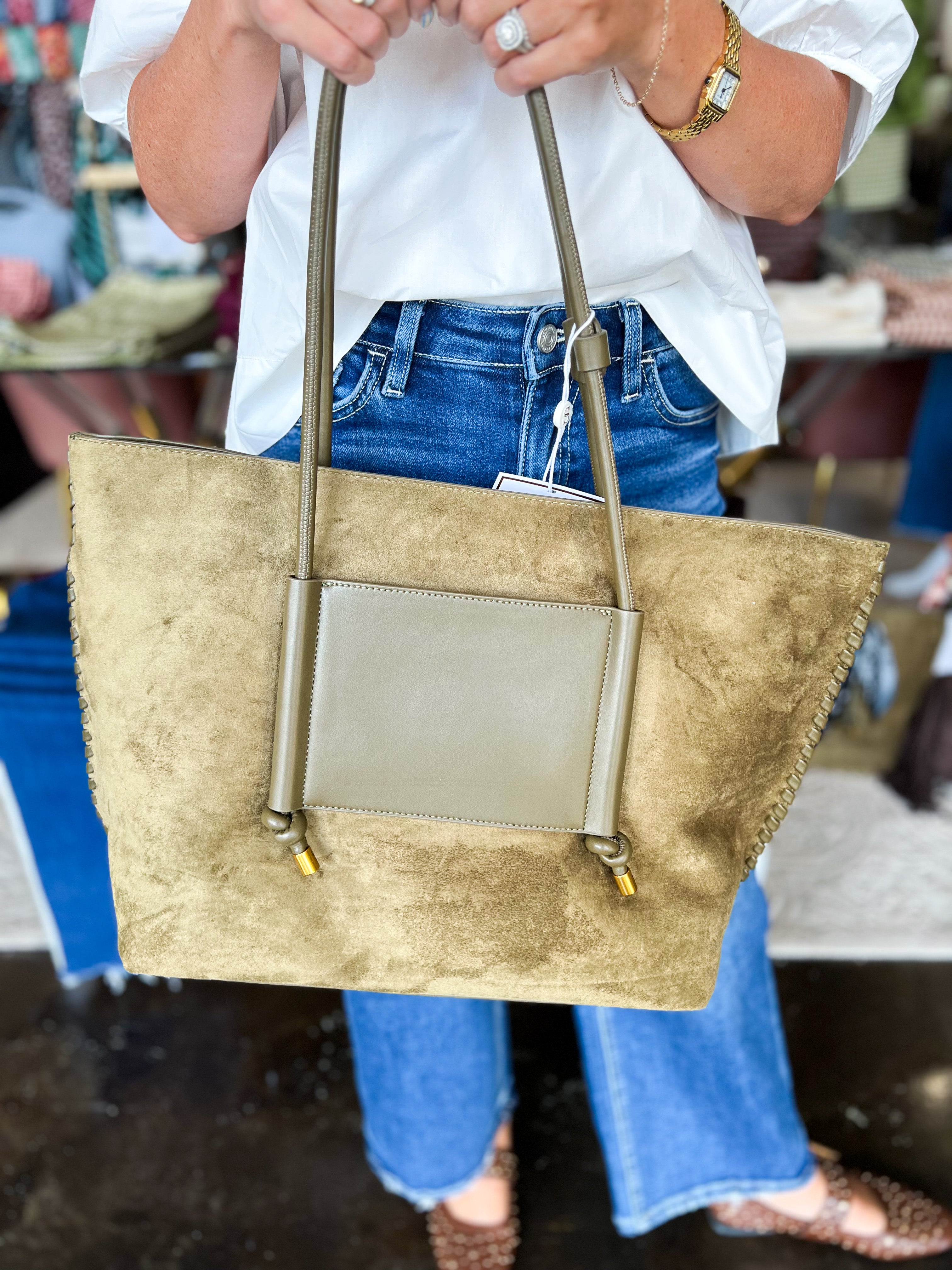 Paige Suede Tote Bag - Olive-130 ACCESSORIES-SHIRALEAH-July & June Women's Fashion Boutique Located in San Antonio, Texas