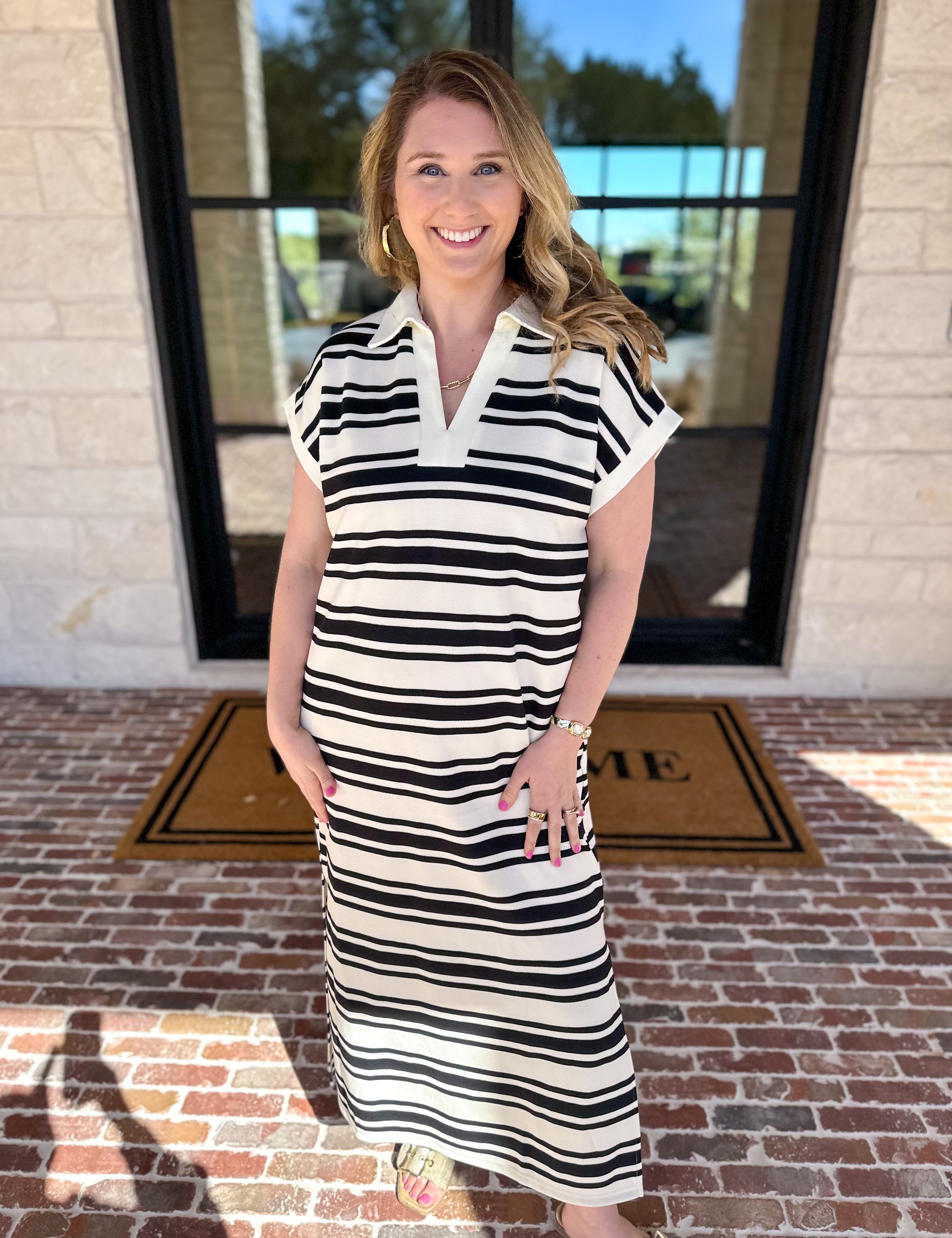 Casual Striped Midi Dress - Black-500 Midi-ENTRO-July & June Women's Fashion Boutique Located in San Antonio, Texas
