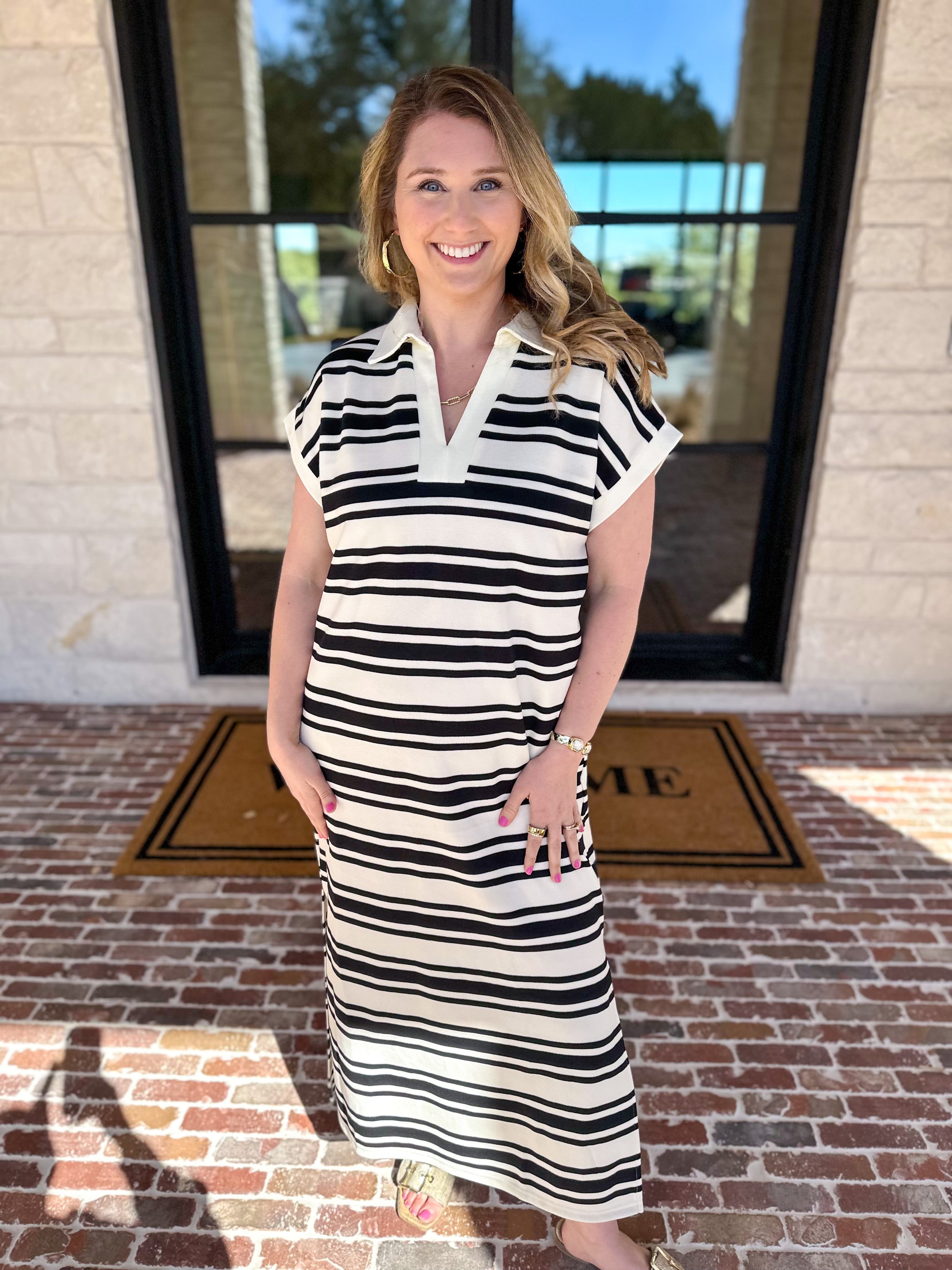 Casual Striped Midi Dress - Black-500 Midi-ENTRO-July & June Women's Fashion Boutique Located in San Antonio, Texas