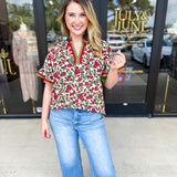 Burgundy & Olive Floral Blouse-200 Fashion Blouses-ENTRO-July & June Women's Fashion Boutique Located in San Antonio, Texas