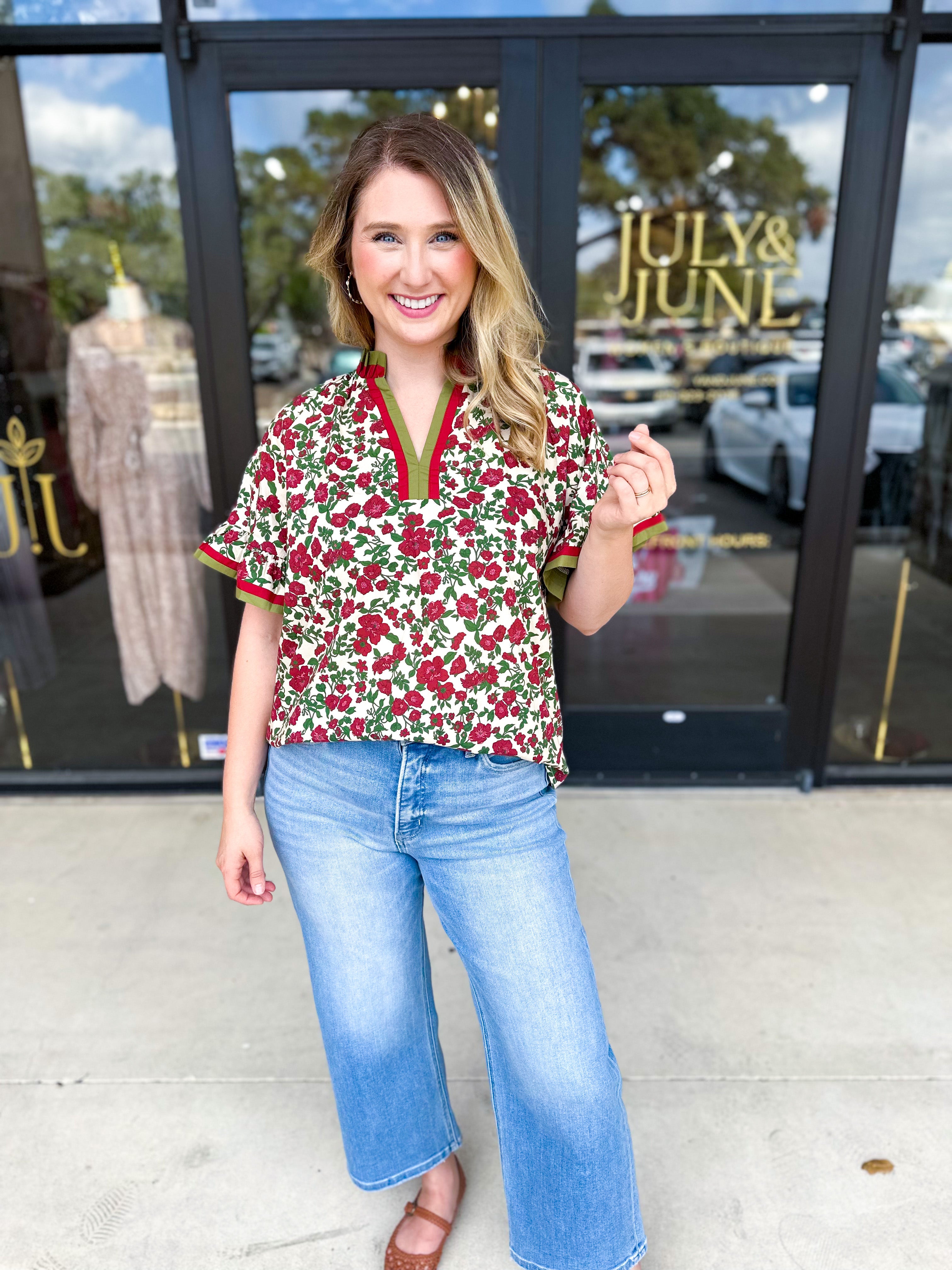 Burgundy & Olive Floral Blouse-200 Fashion Blouses-ENTRO-July & June Women's Fashion Boutique Located in San Antonio, Texas