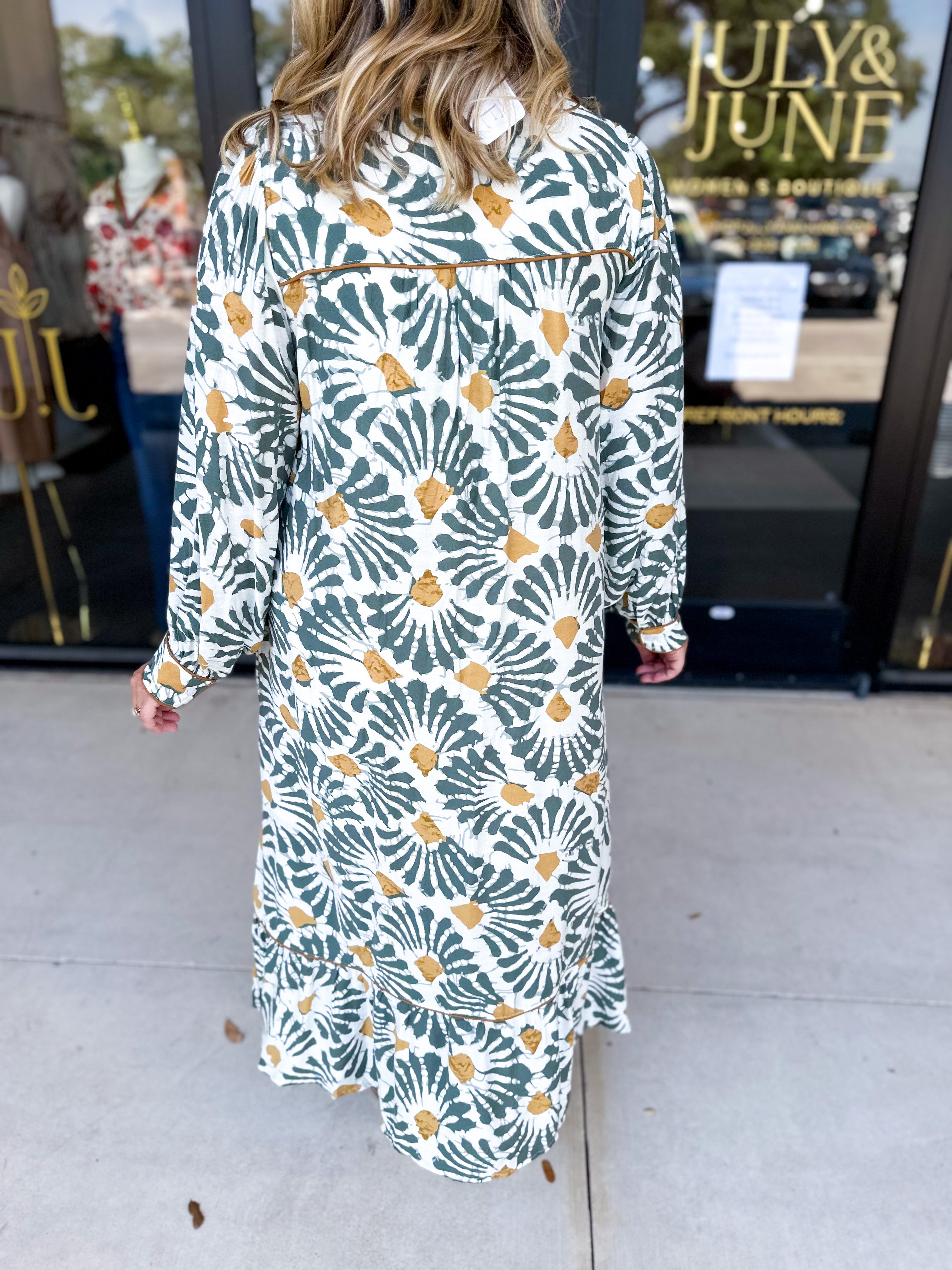 Sage & Mustard Abstract Midi Dress-500 Midi-JODIFL-July & June Women's Fashion Boutique Located in San Antonio, Texas
