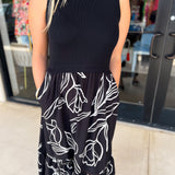 Black & White Abstract Floral Midi Dress-500 Midi-SKIES ARE BLUE-July & June Women's Fashion Boutique Located in San Antonio, Texas