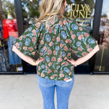 THML - Olive & Blush Floral Blouse-200 Fashion Blouses-THML-July & June Women's Fashion Boutique Located in San Antonio, Texas