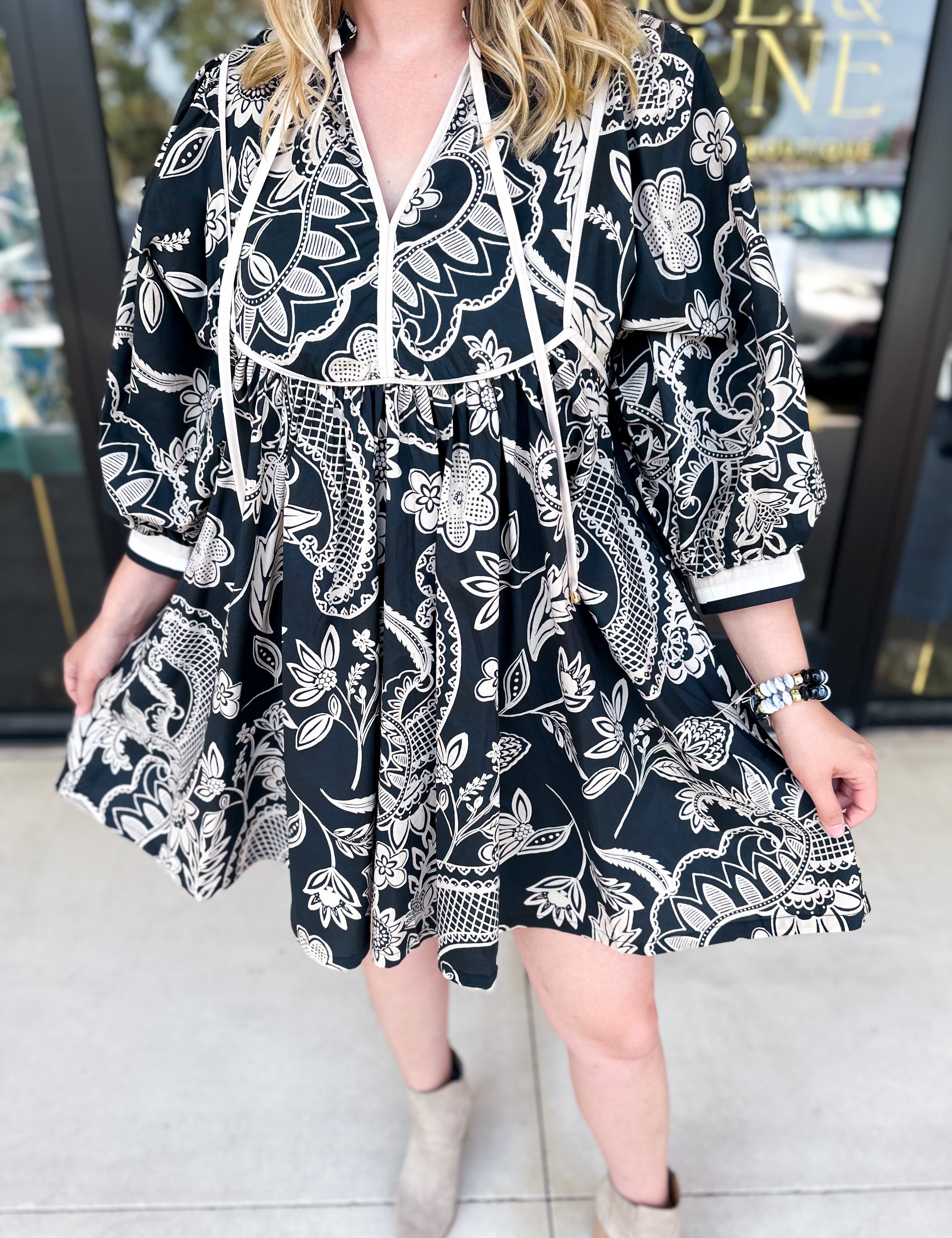 Paisley Black Mini Dress-510 Mini-ENTRO-July & June Women's Fashion Boutique Located in San Antonio, Texas