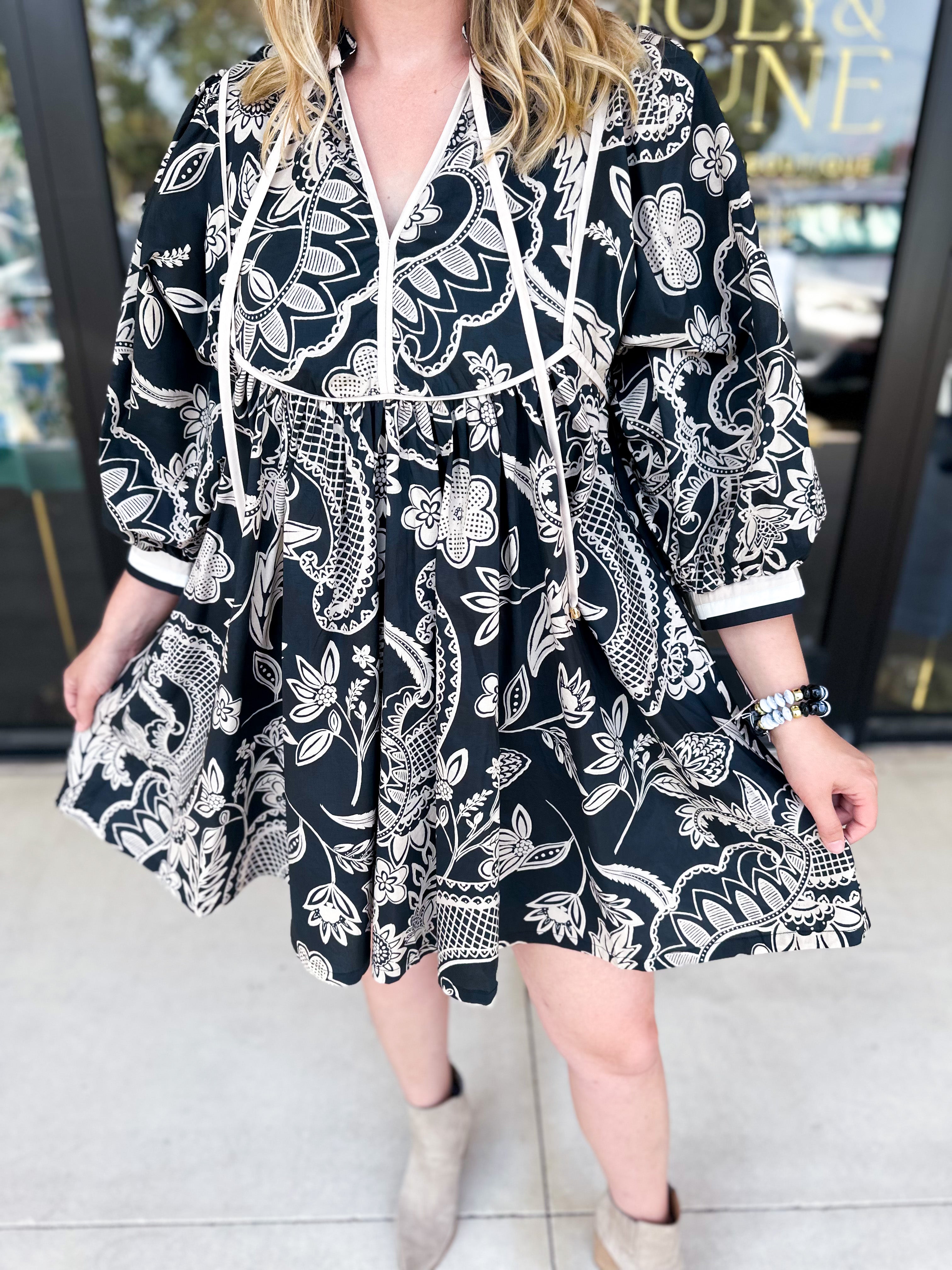 Paisley Black Mini Dress-510 Mini-ENTRO-July & June Women's Fashion Boutique Located in San Antonio, Texas