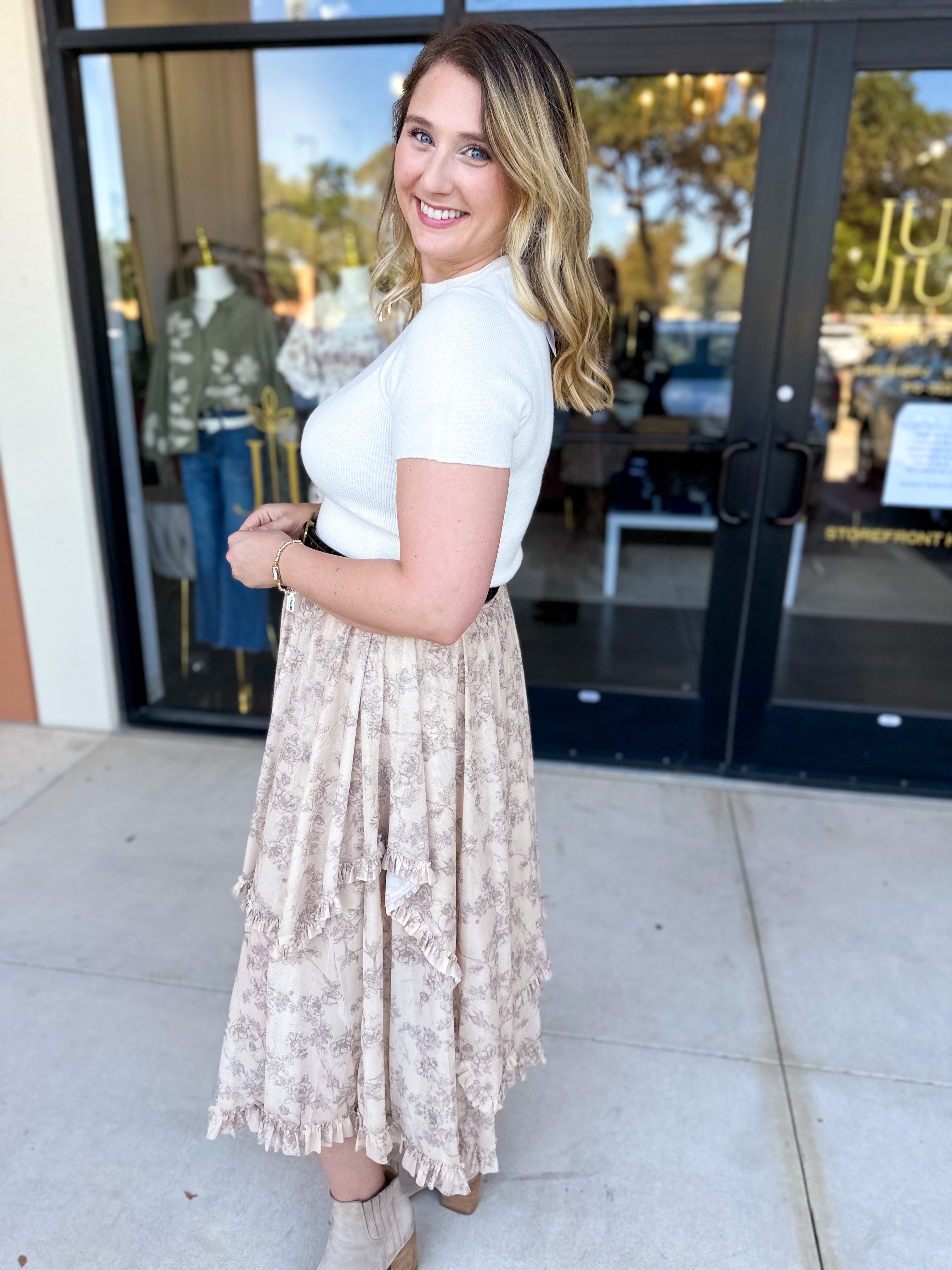 Mocha Floral Midi Skirt-410 Shorts/Skirts-POLOGRAM-July & June Women's Fashion Boutique Located in San Antonio, Texas
