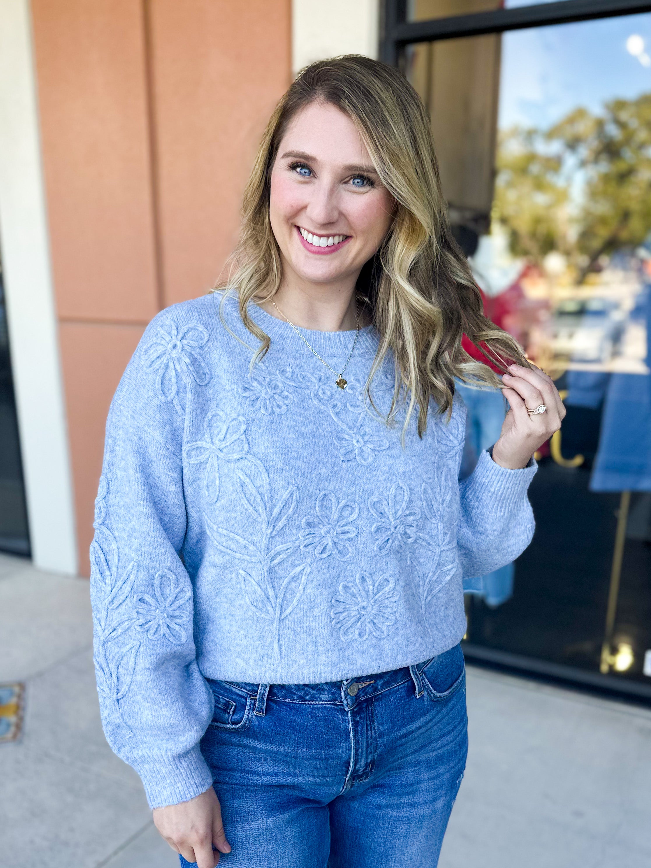 Heather Blue Floral Sweater-230 Sweaters/Cardis-ALLIE ROSE-July & June Women's Fashion Boutique Located in San Antonio, Texas