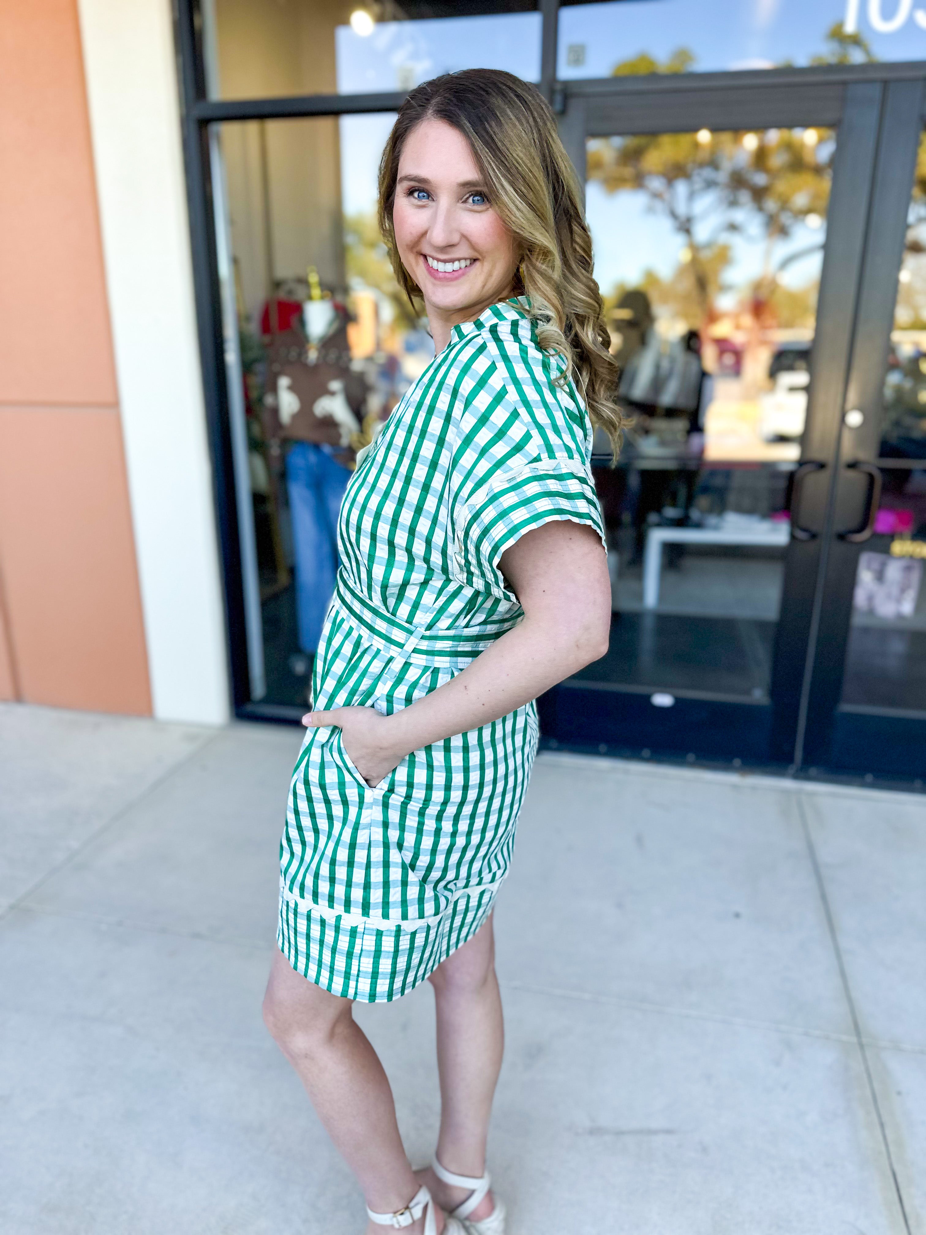 THML - Kelly Green Gingham Mini Dress-510 Mini-THML-July & June Women's Fashion Boutique Located in San Antonio, Texas