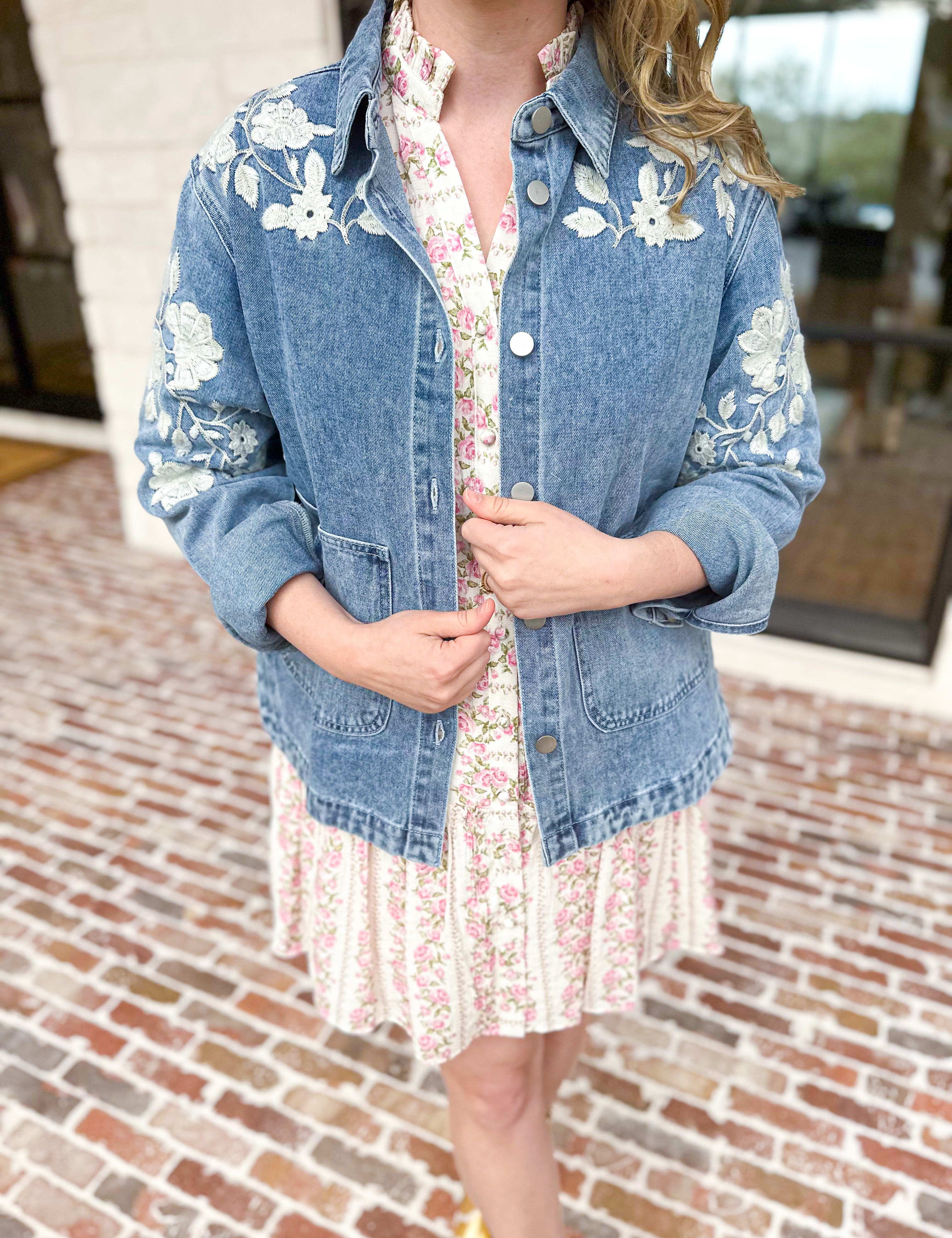 Denim Floral Embroidery Jacket-600 Outerwear-BLUE B-July & June Women's Fashion Boutique Located in San Antonio, Texas