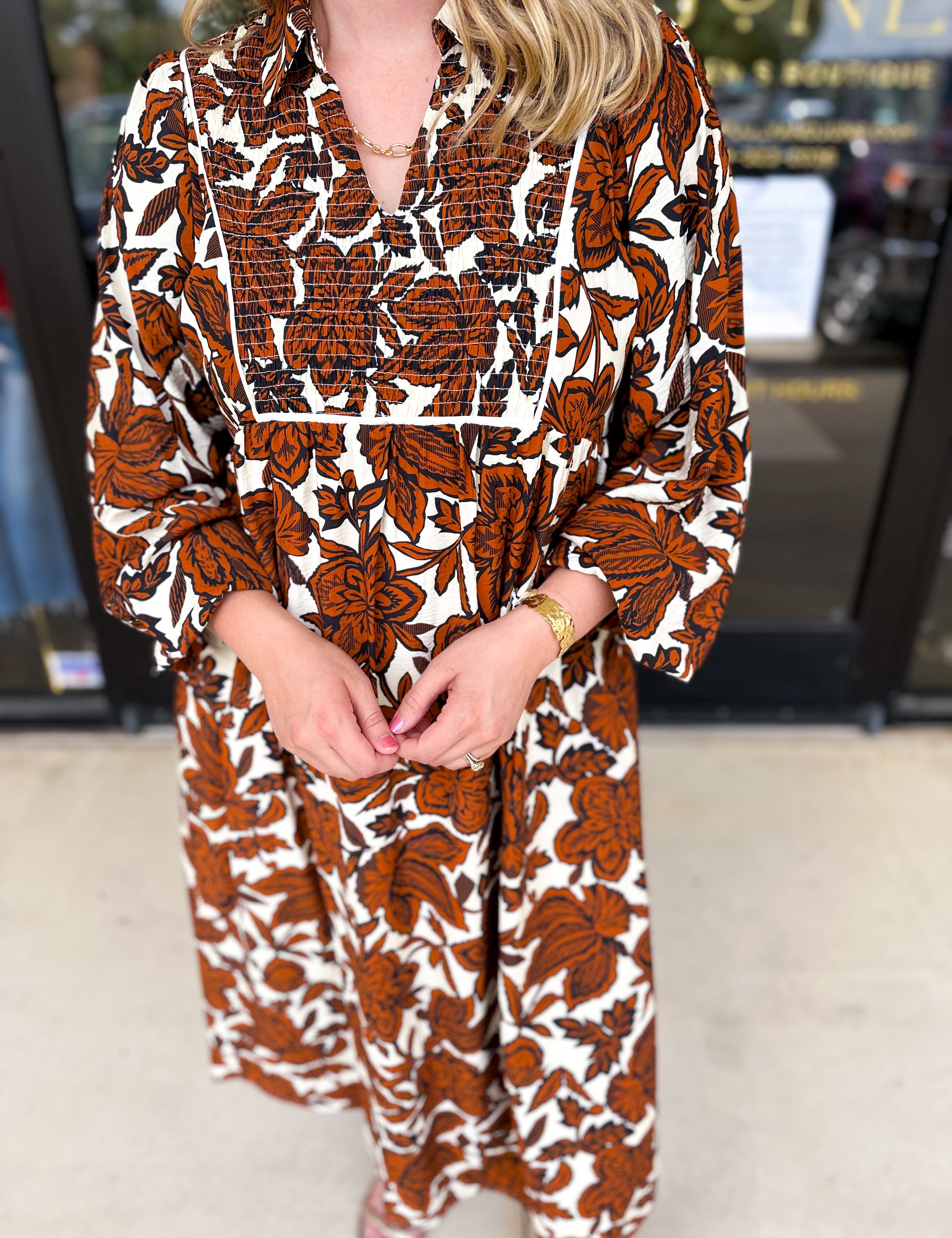 Rust Floral Midi Dress-500 Midi-JODIFL-July & June Women's Fashion Boutique Located in San Antonio, Texas
