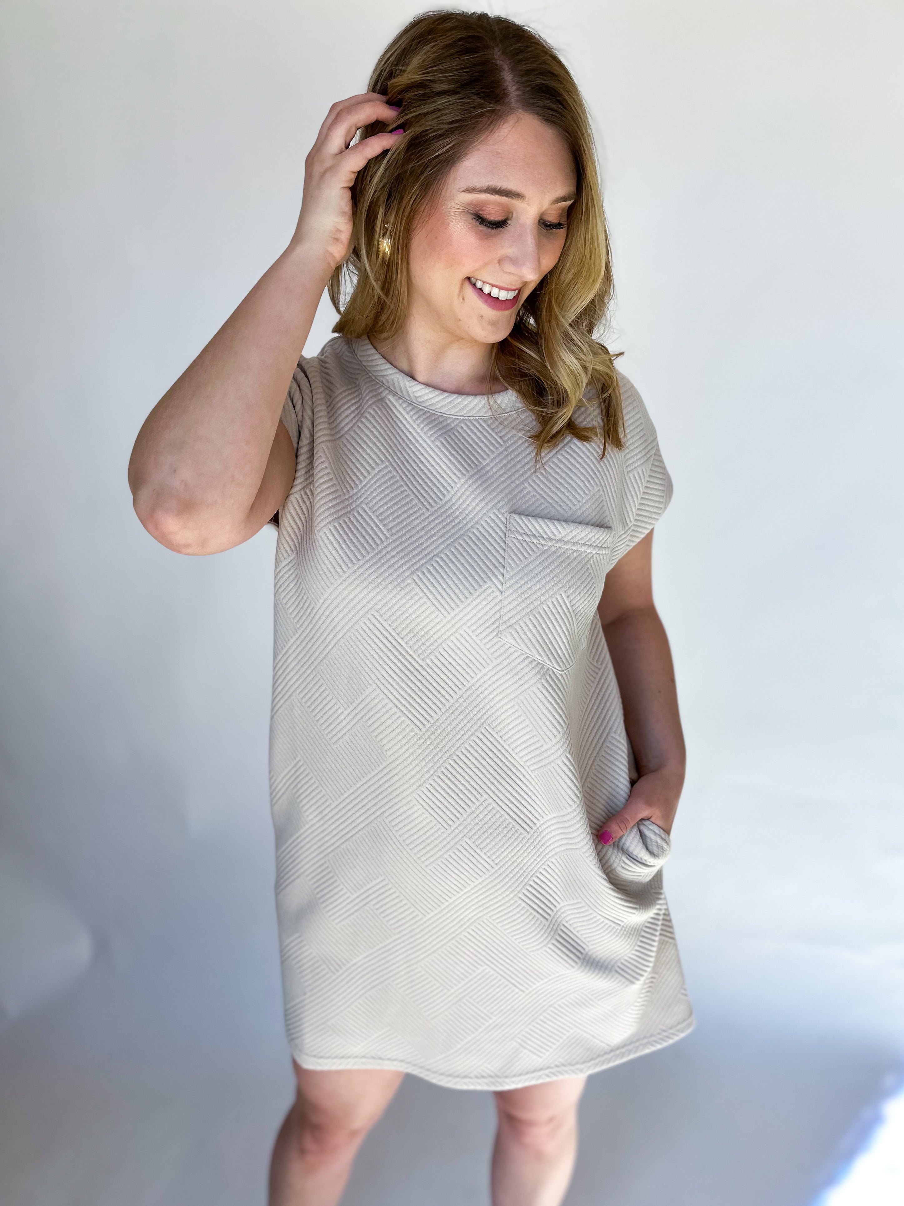 Textured T-Shirt Dress - Sand-510 Mini-ENTRO-July & June Women's Fashion Boutique Located in San Antonio, Texas