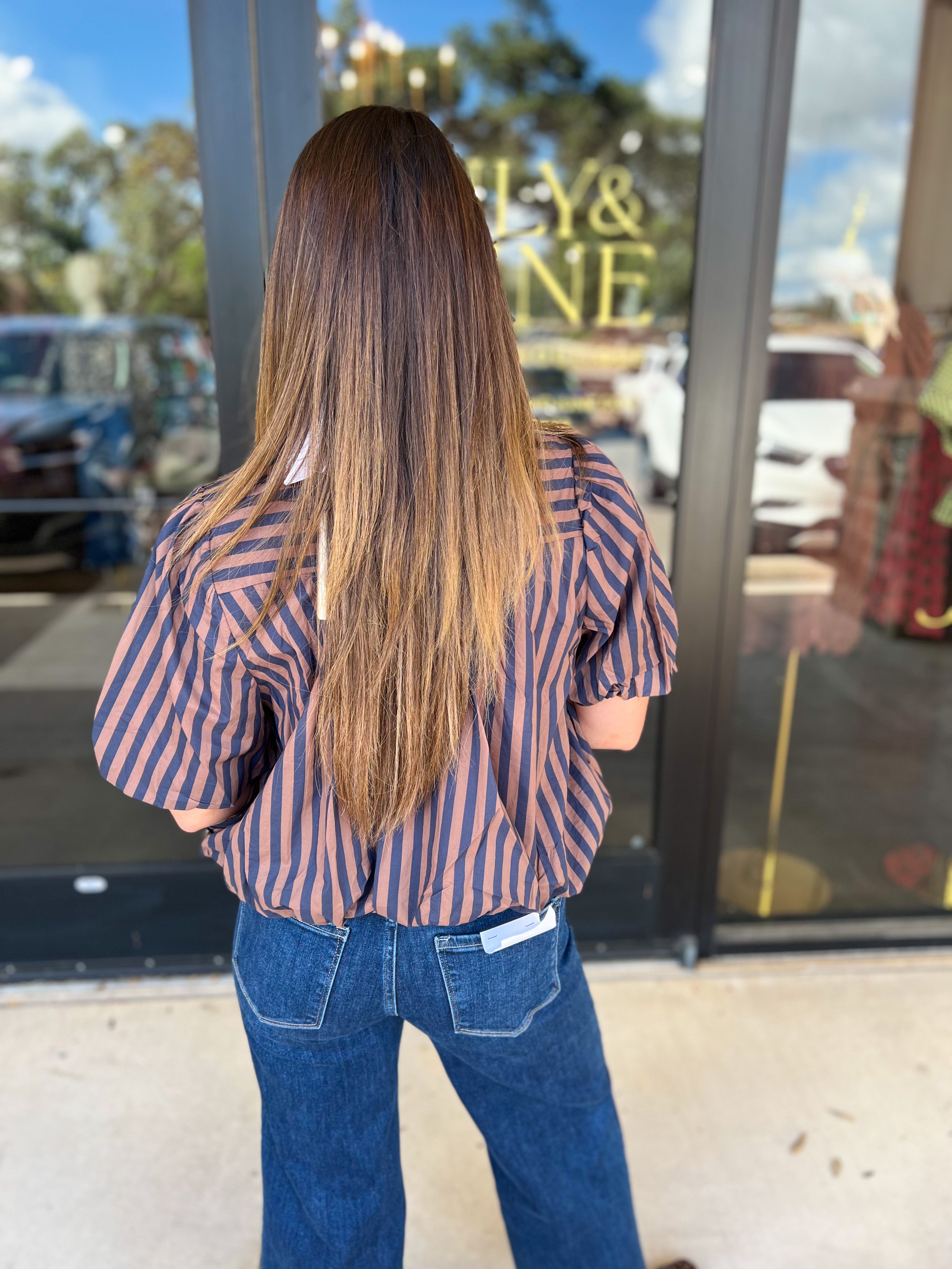 Coffee Date Blouse - Navy & Espresso-200 Fashion Blouses-ENTRO-July & June Women's Fashion Boutique Located in San Antonio, Texas