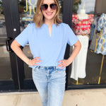 Classic V-Neck Blouse - Light Blue-200 Fashion Blouses-ENTRO-July & June Women's Fashion Boutique Located in San Antonio, Texas