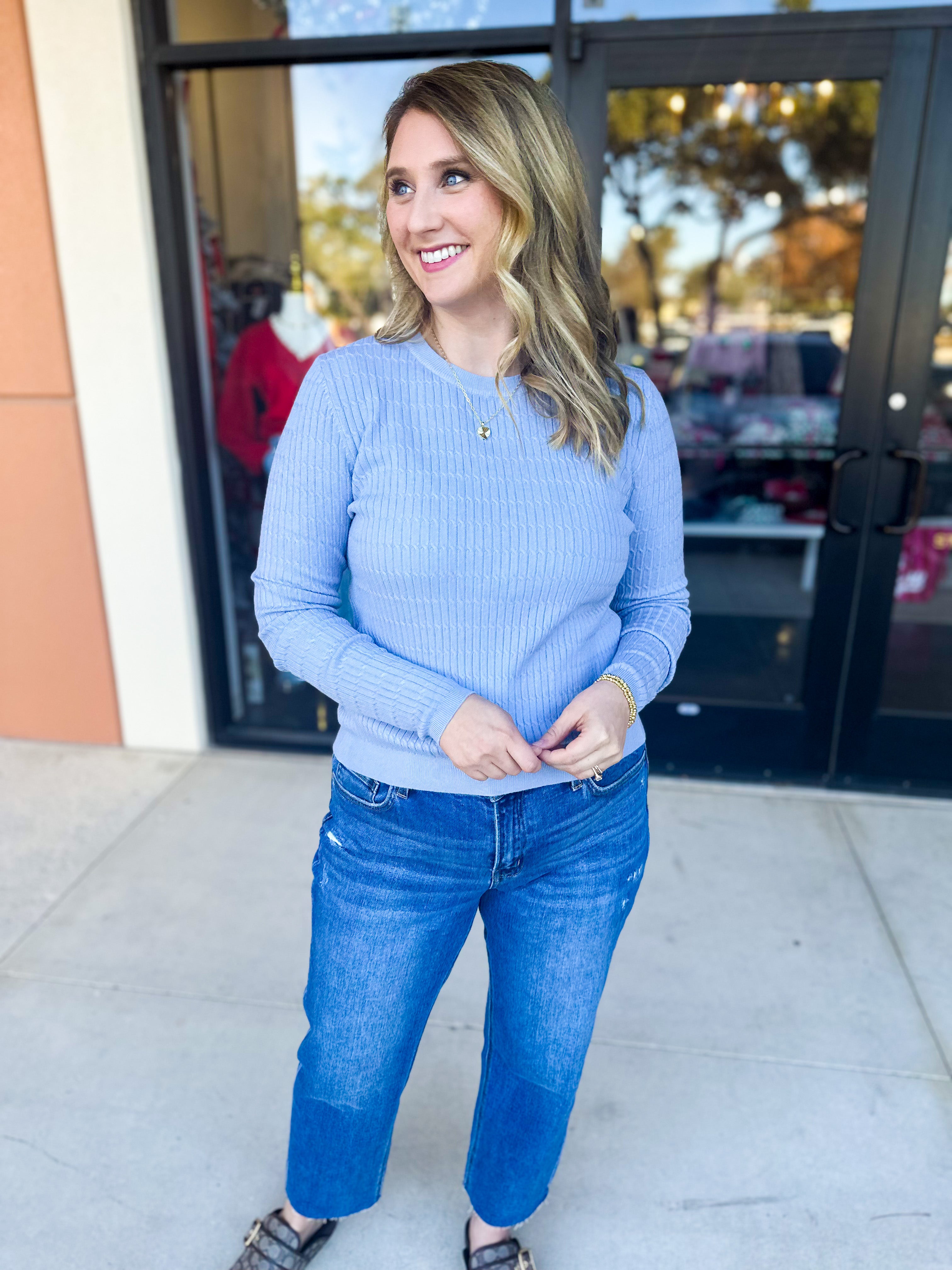Tailored Cable Knit Sweater Top - Soft Blue-230 Sweaters/Cardis-ALLIE ROSE-July & June Women's Fashion Boutique Located in San Antonio, Texas