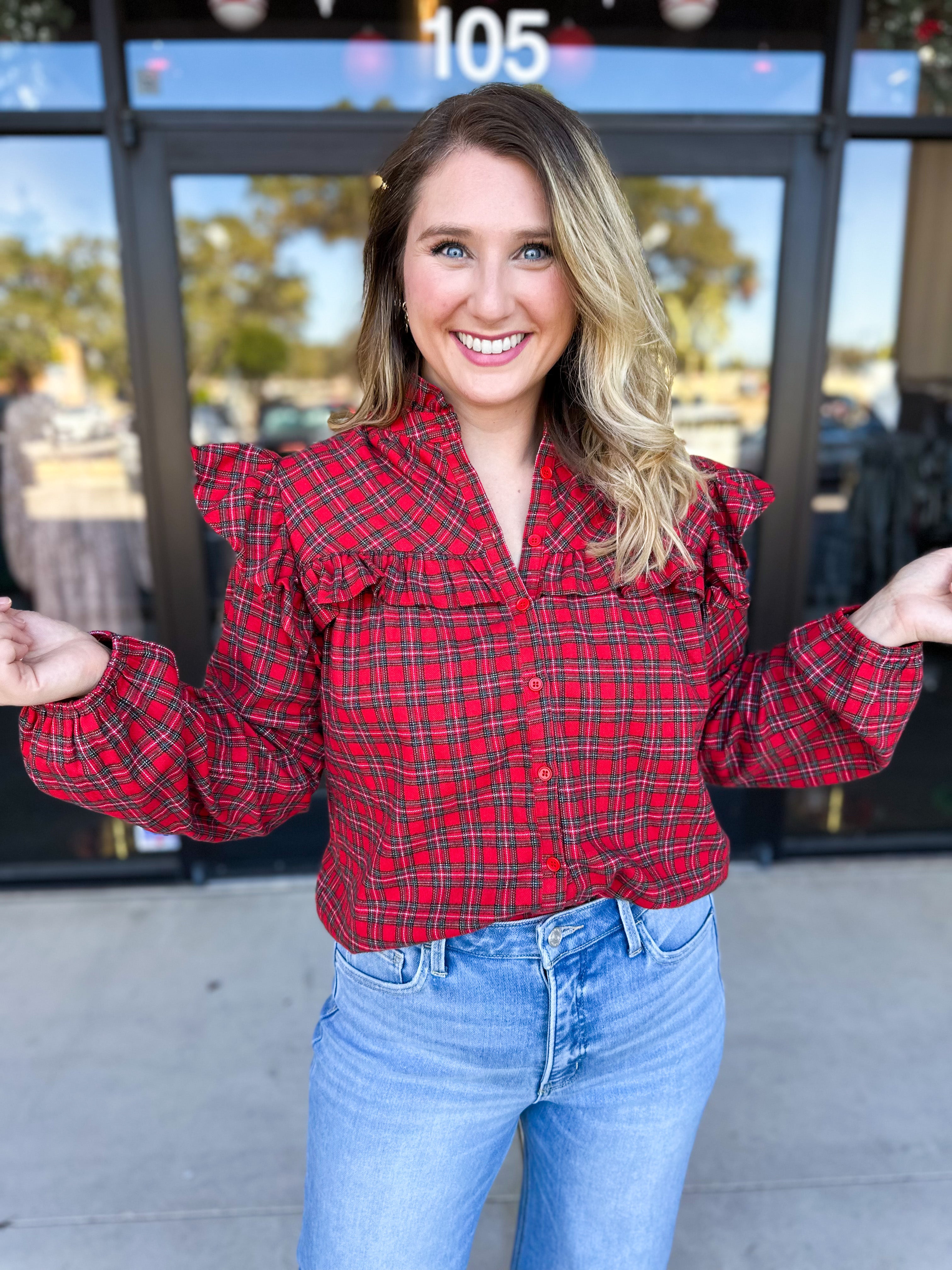 Tartan Ruffle Blouse-200 Fashion Blouses-FATE-July & June Women's Fashion Boutique Located in San Antonio, Texas