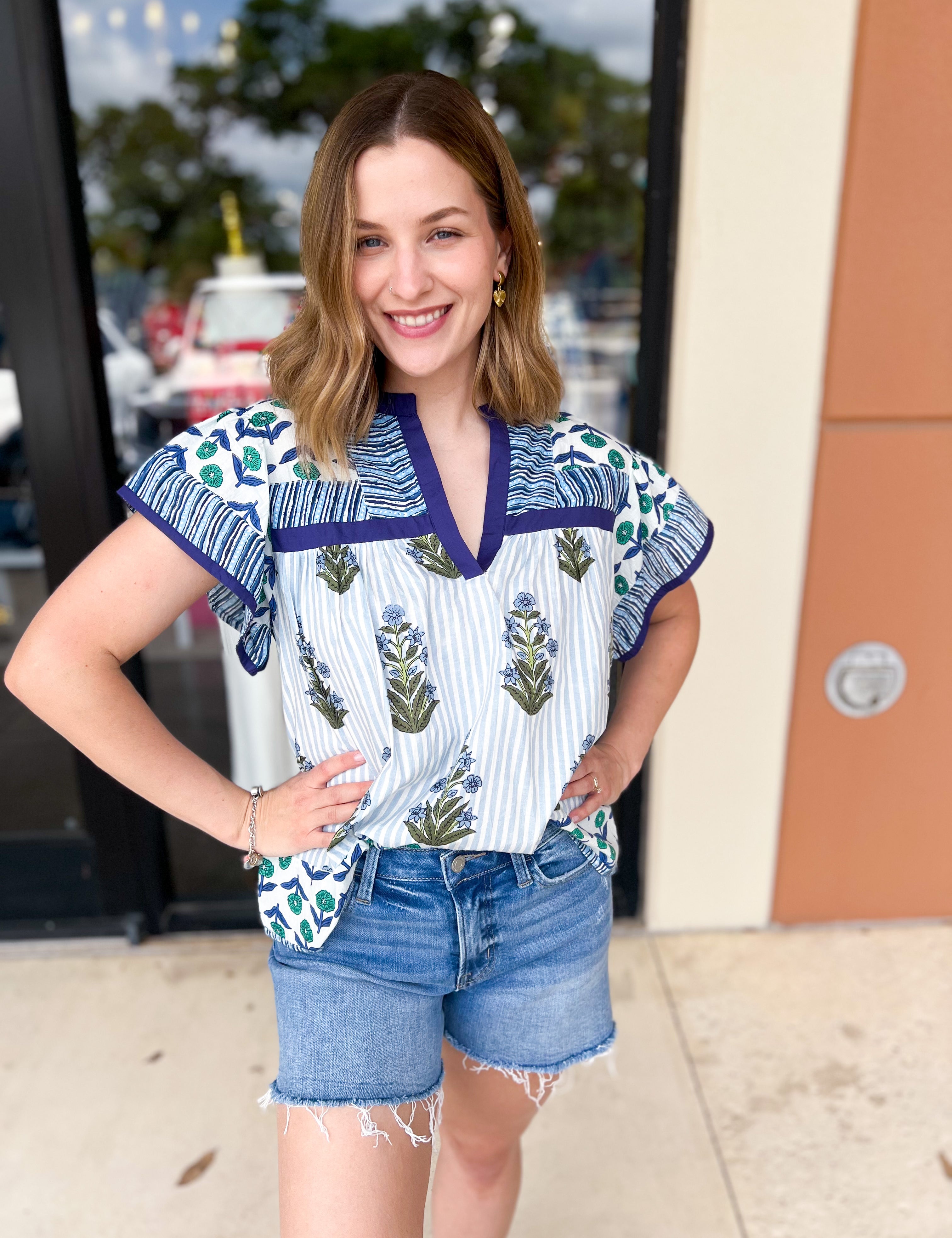 THML - Blue Floral Block Print Blouse-200 Fashion Blouses-THML-July & June Women's Fashion Boutique Located in San Antonio, Texas