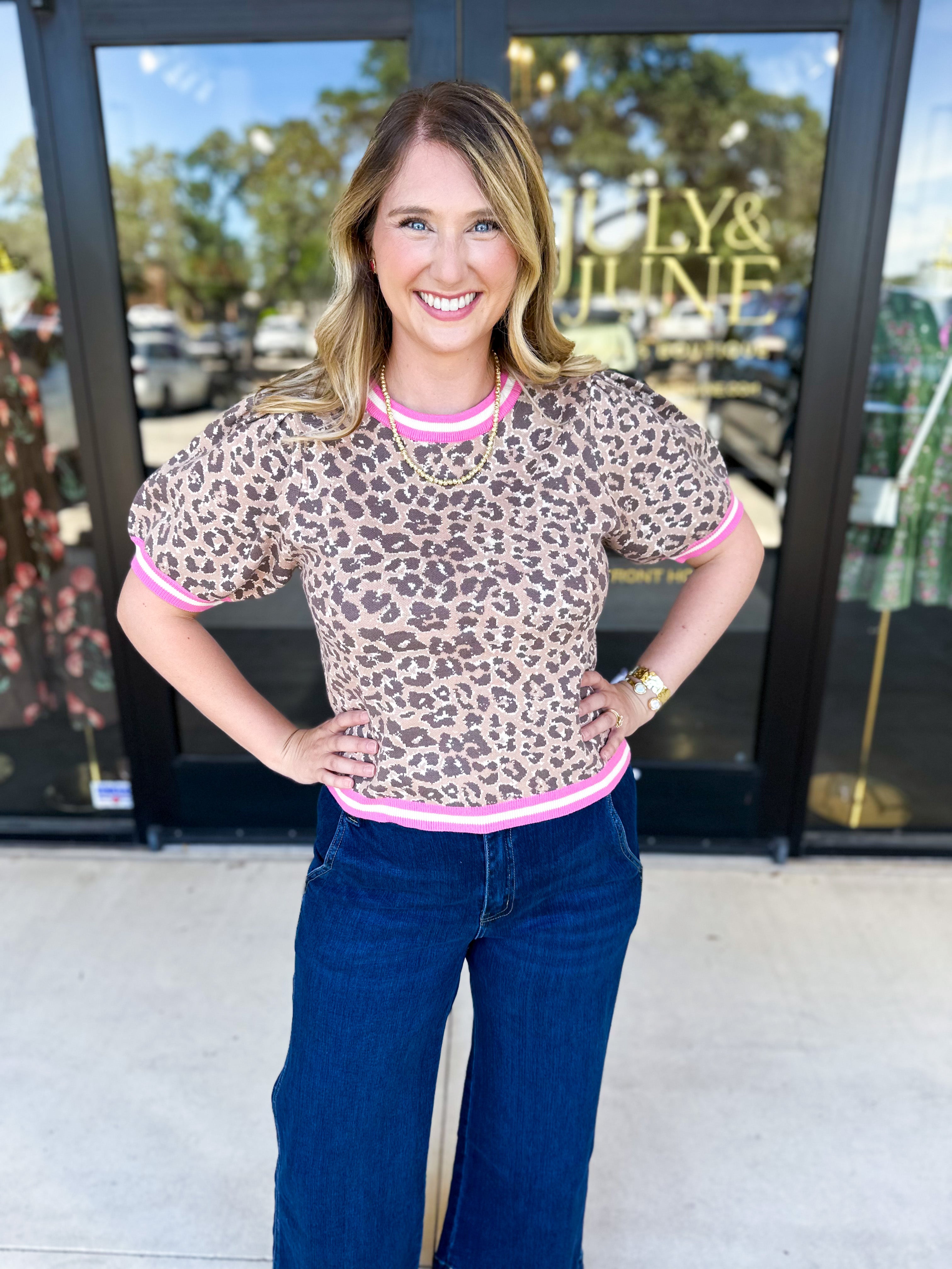 Varsity Leopard Sweater Top - Pink-210 Casual Blouses-ENTRO-July & June Women's Fashion Boutique Located in San Antonio, Texas