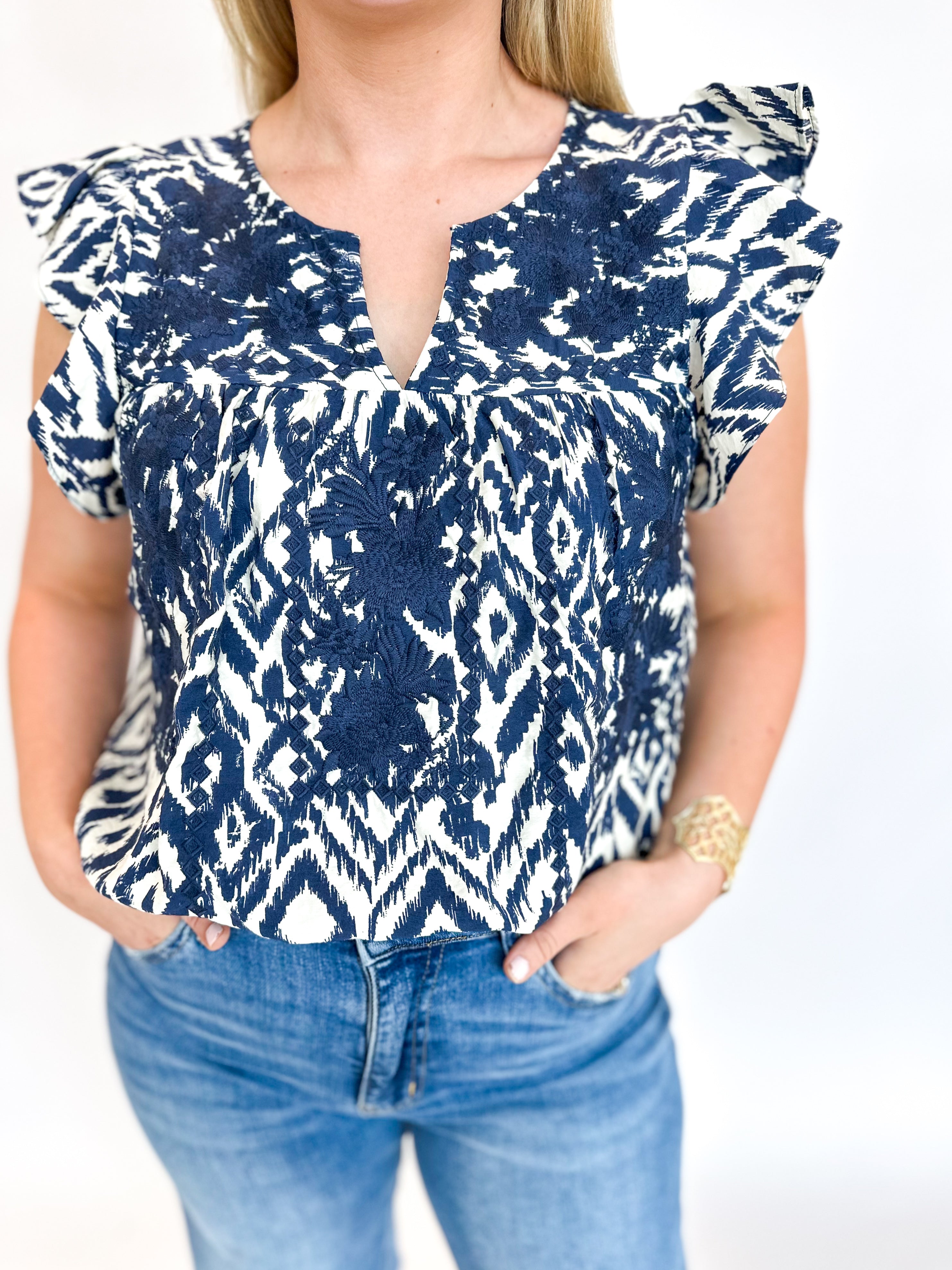Navy & White Embroidered Blouse-200 Fashion Blouses-ANDREE BY UNIT-July & June Women's Fashion Boutique Located in San Antonio, Texas