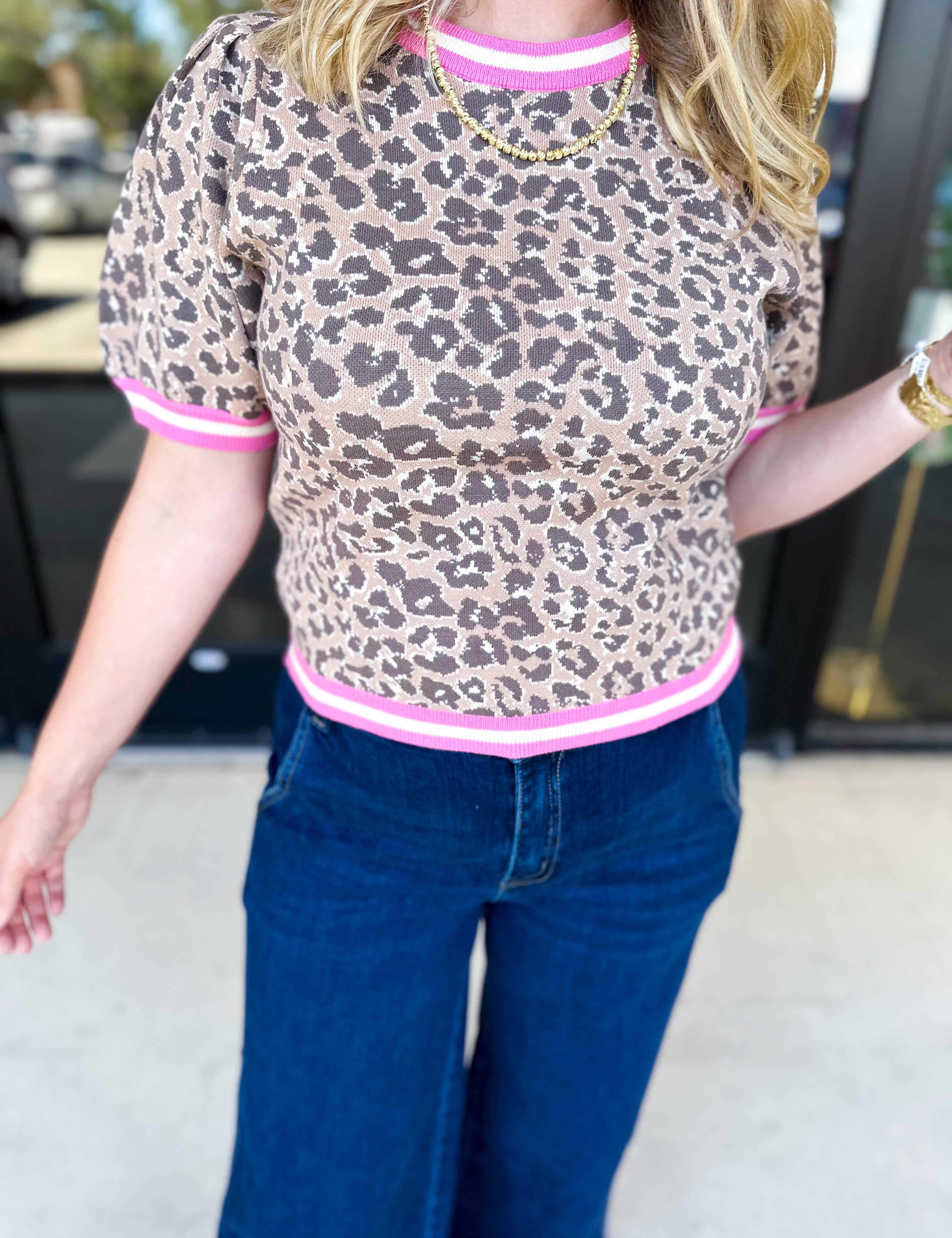 Varsity Leopard Sweater Top - Pink-210 Casual Blouses-ENTRO-July & June Women's Fashion Boutique Located in San Antonio, Texas