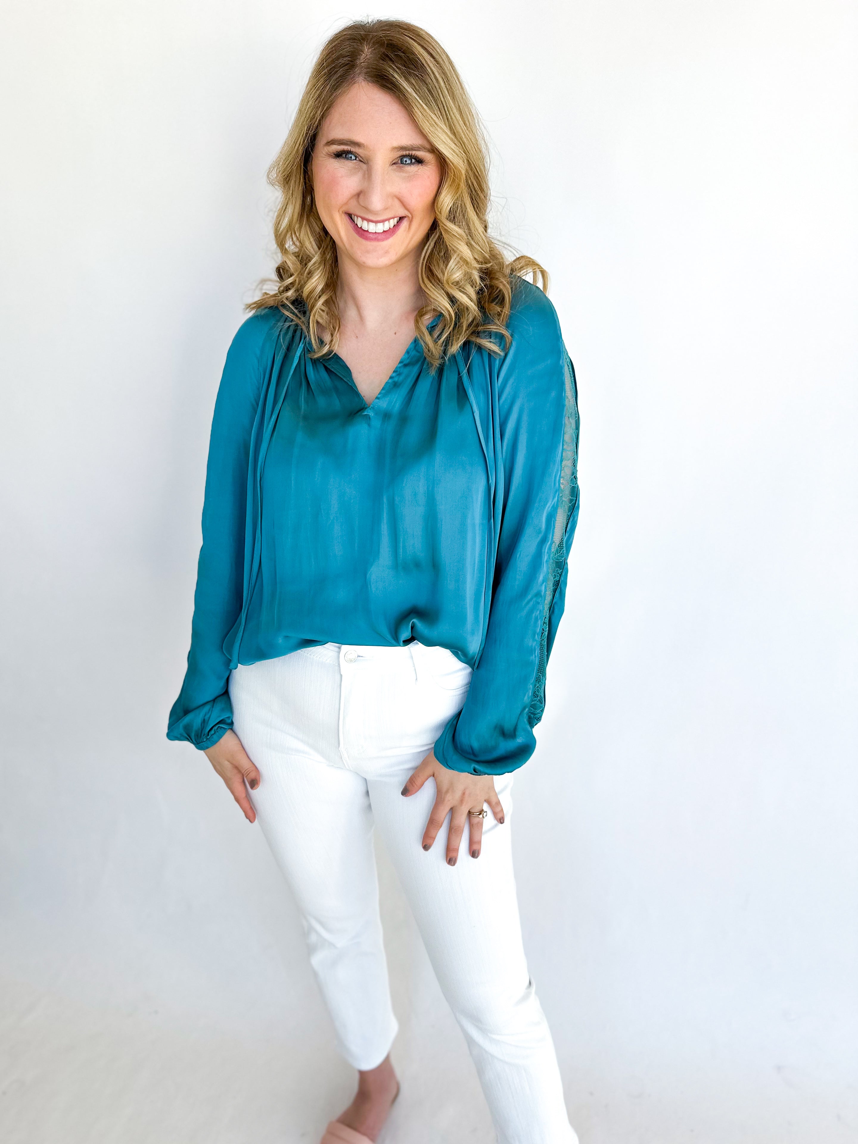 Ice Blue Lace Blouse-200 Fashion Blouses-CURRENT AIR CLOTHING-July & June Women's Fashion Boutique Located in San Antonio, Texas