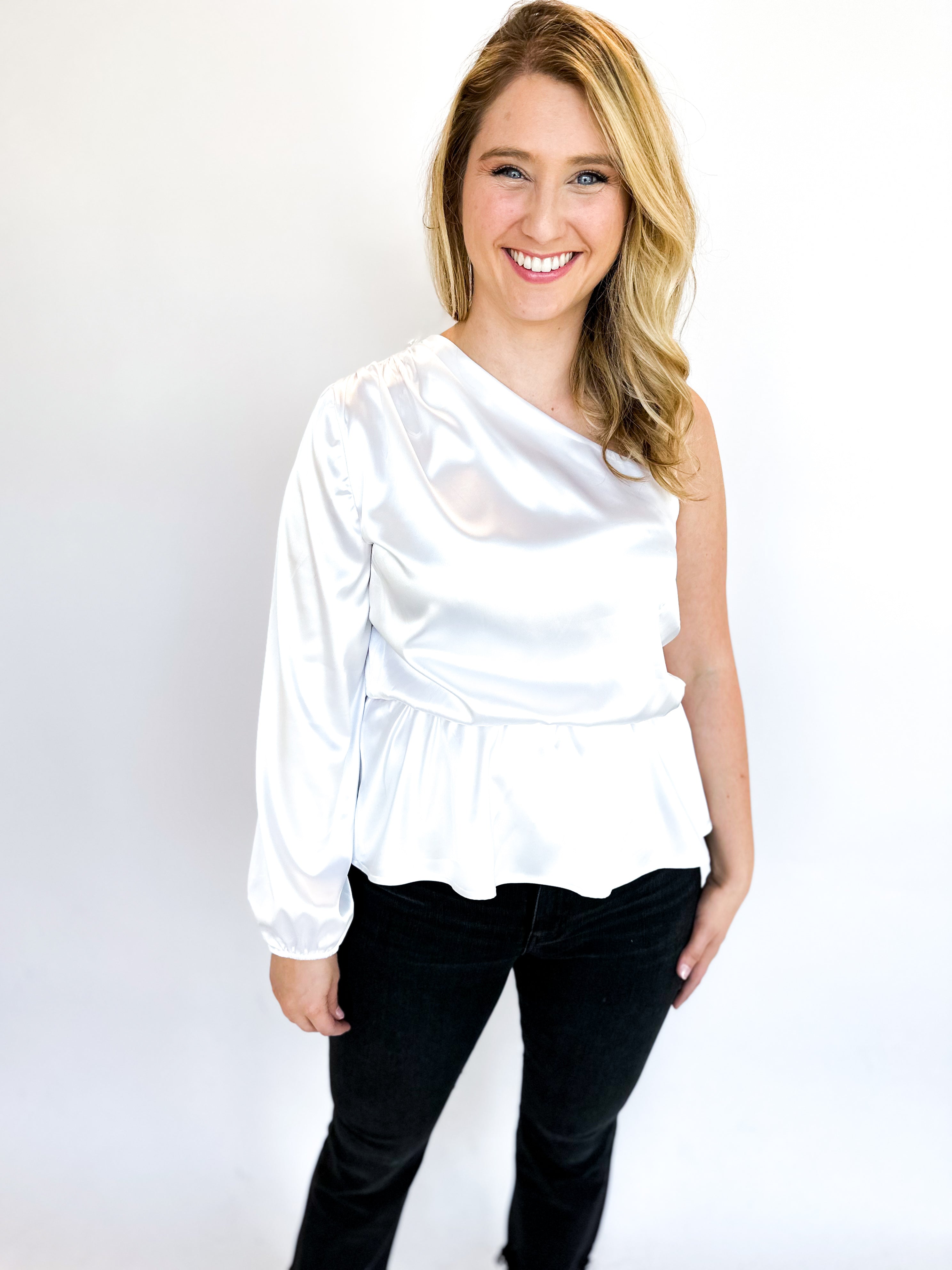 One Shoulder Party Blouse - Pearl-200 Fashion Blouses-ADRIENNE-July & June Women's Fashion Boutique Located in San Antonio, Texas