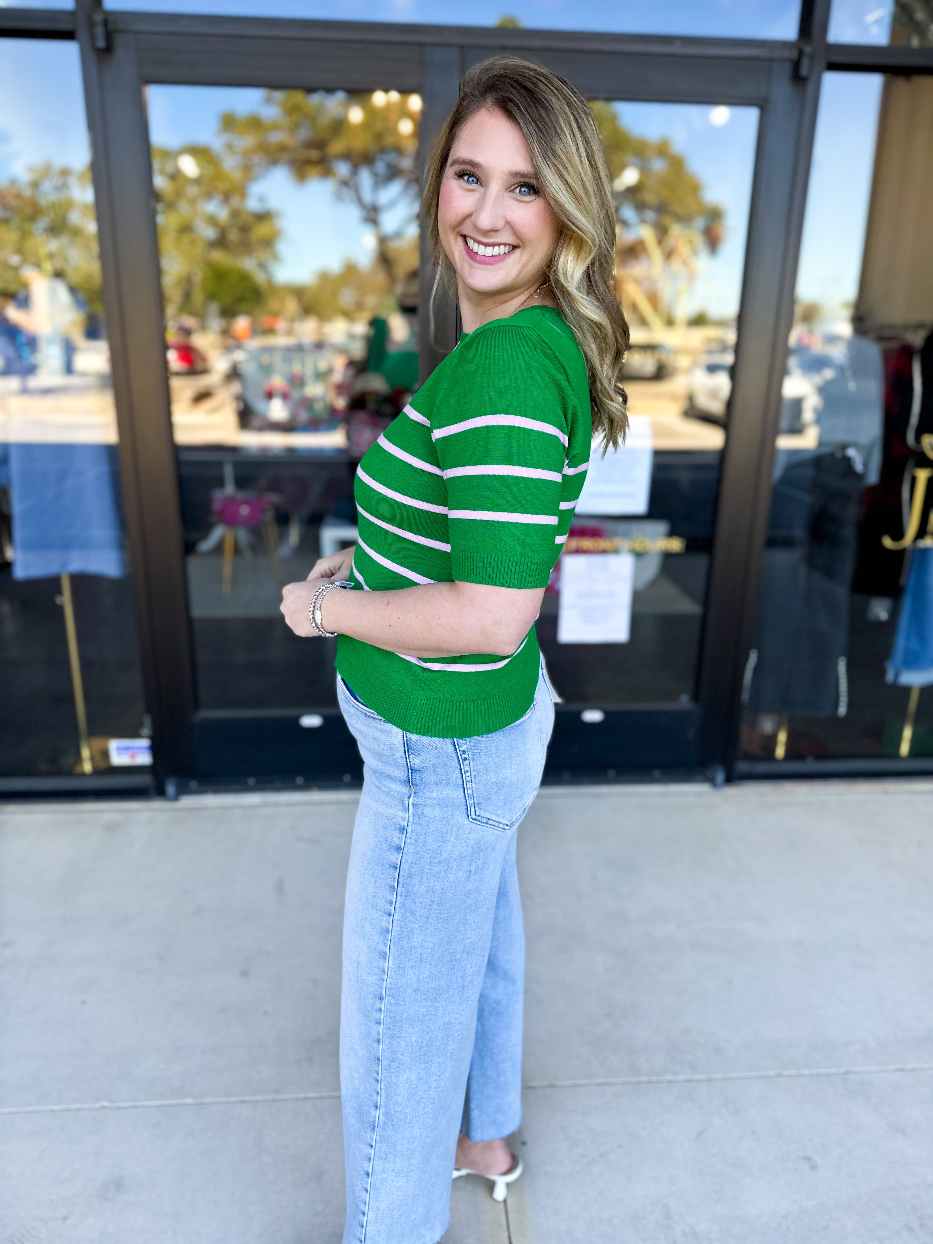 Short Sleeve Stripped Sweater Top - Kelly Green & Pink-230 Sweaters/Cardis-ALLIE ROSE-July & June Women's Fashion Boutique Located in San Antonio, Texas