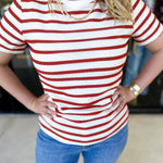 Striped Round Neck Tee - Rust-210 Casual Blouses-POLOGRAM-July & June Women's Fashion Boutique Located in San Antonio, Texas