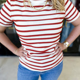 Striped Round Neck Tee - Rust-210 Casual Blouses-POLOGRAM-July & June Women's Fashion Boutique Located in San Antonio, Texas