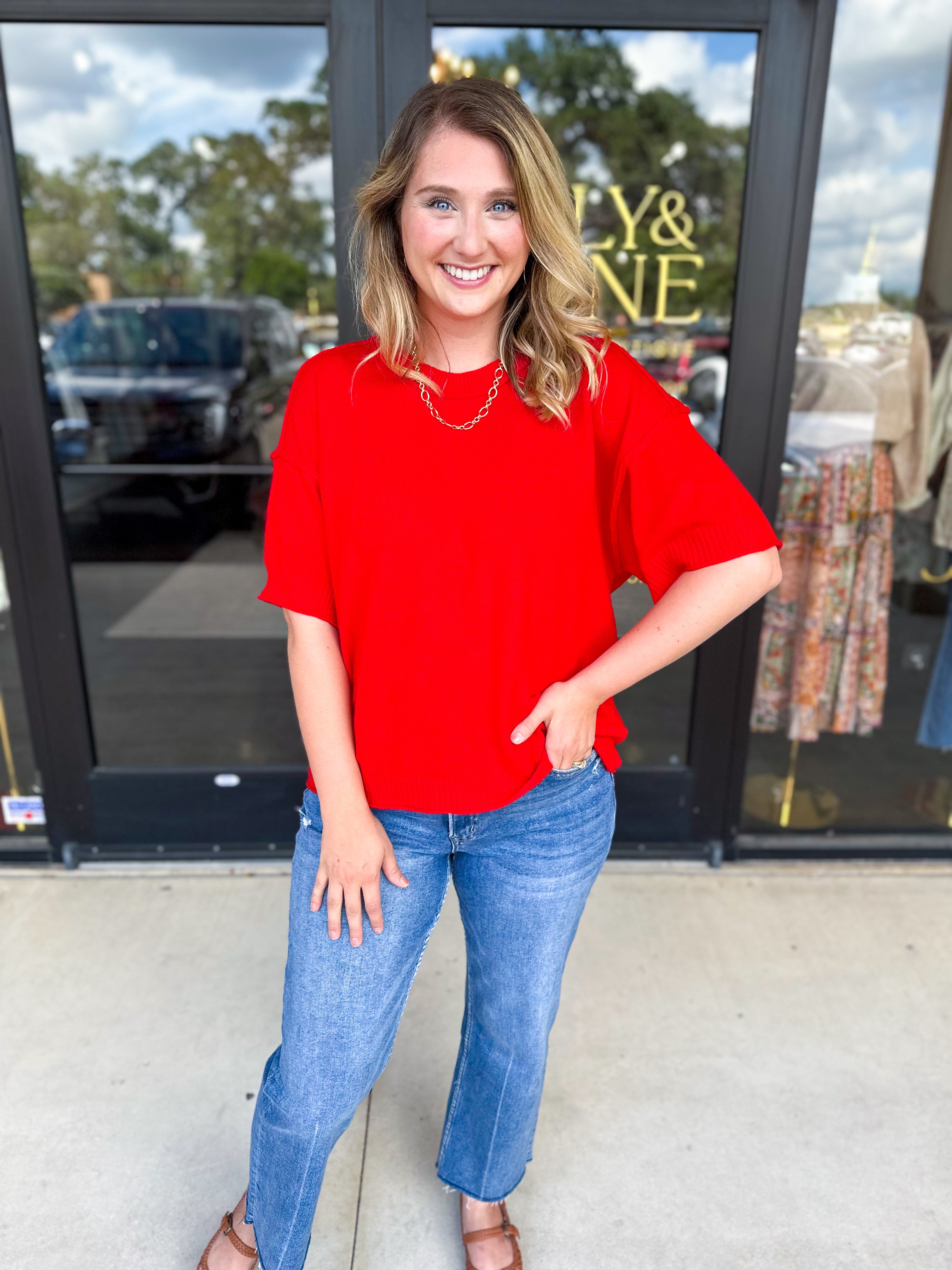 The Ella Knit Sweater Top - Red-230 Sweaters/Cardis-JODIFL-July & June Women's Fashion Boutique Located in San Antonio, Texas