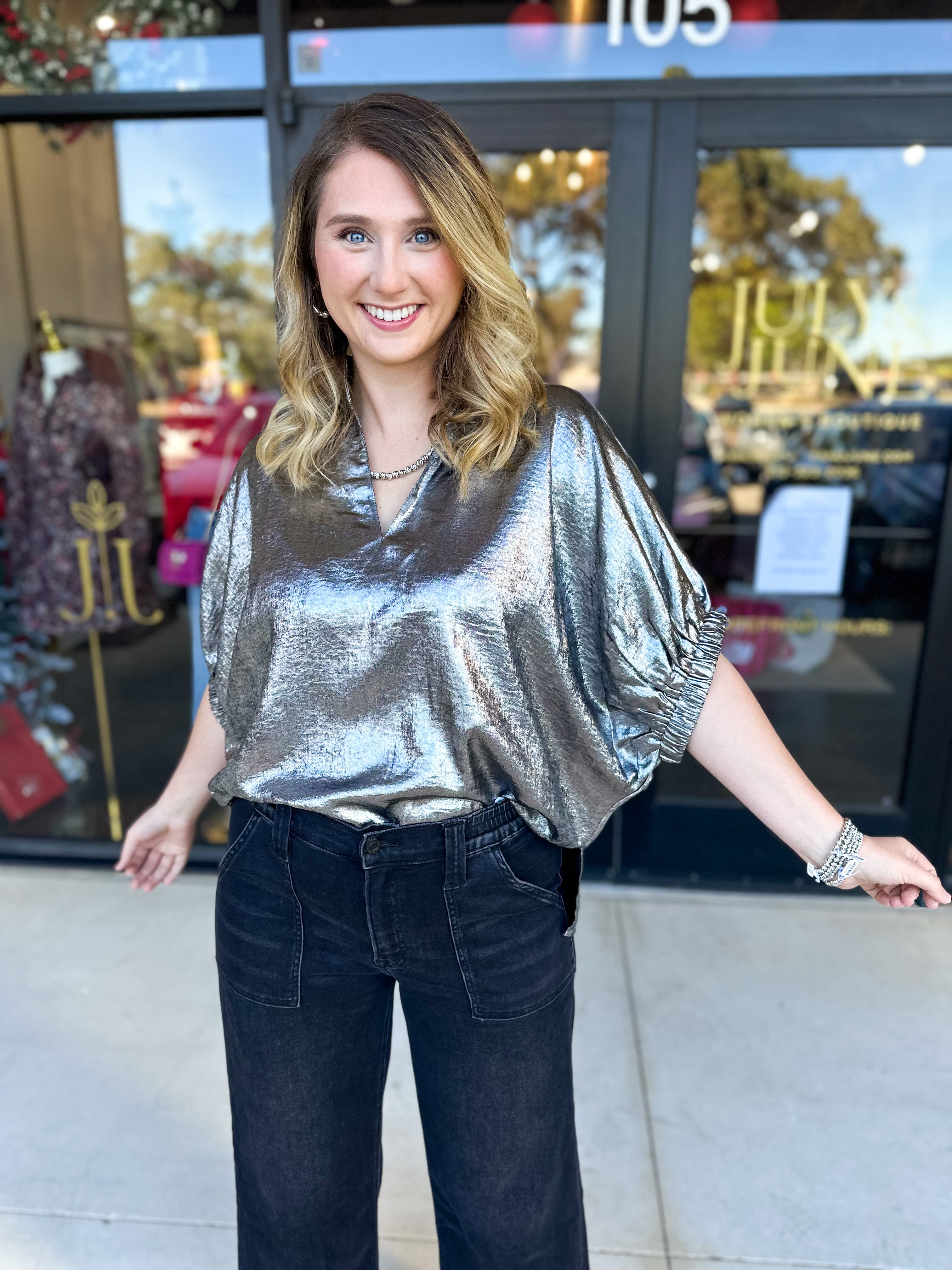 Celebration Blouse - Chrome-200 Fashion Blouses-ENTRO-July & June Women's Fashion Boutique Located in San Antonio, Texas