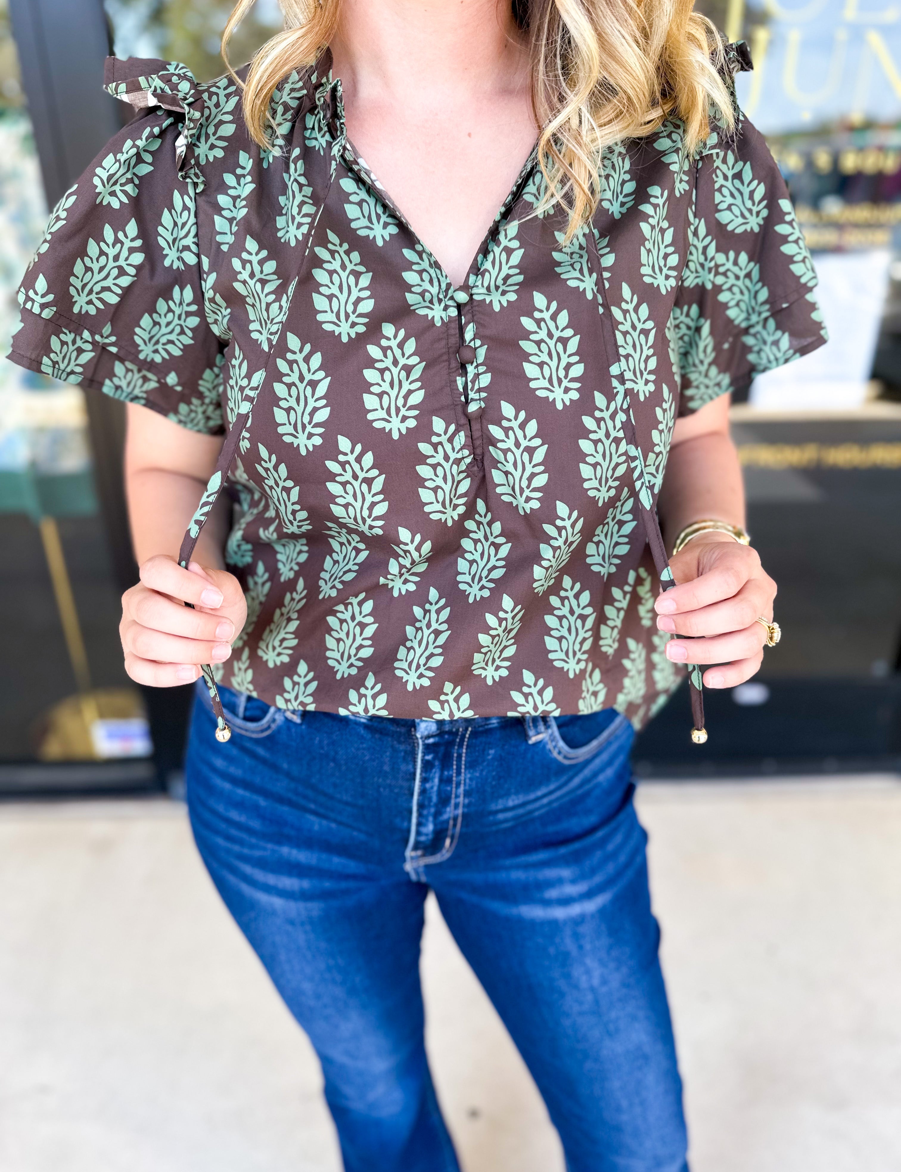 Mint & Mocha Blouse-200 Fashion Blouses-ENTRO-July & June Women's Fashion Boutique Located in San Antonio, Texas