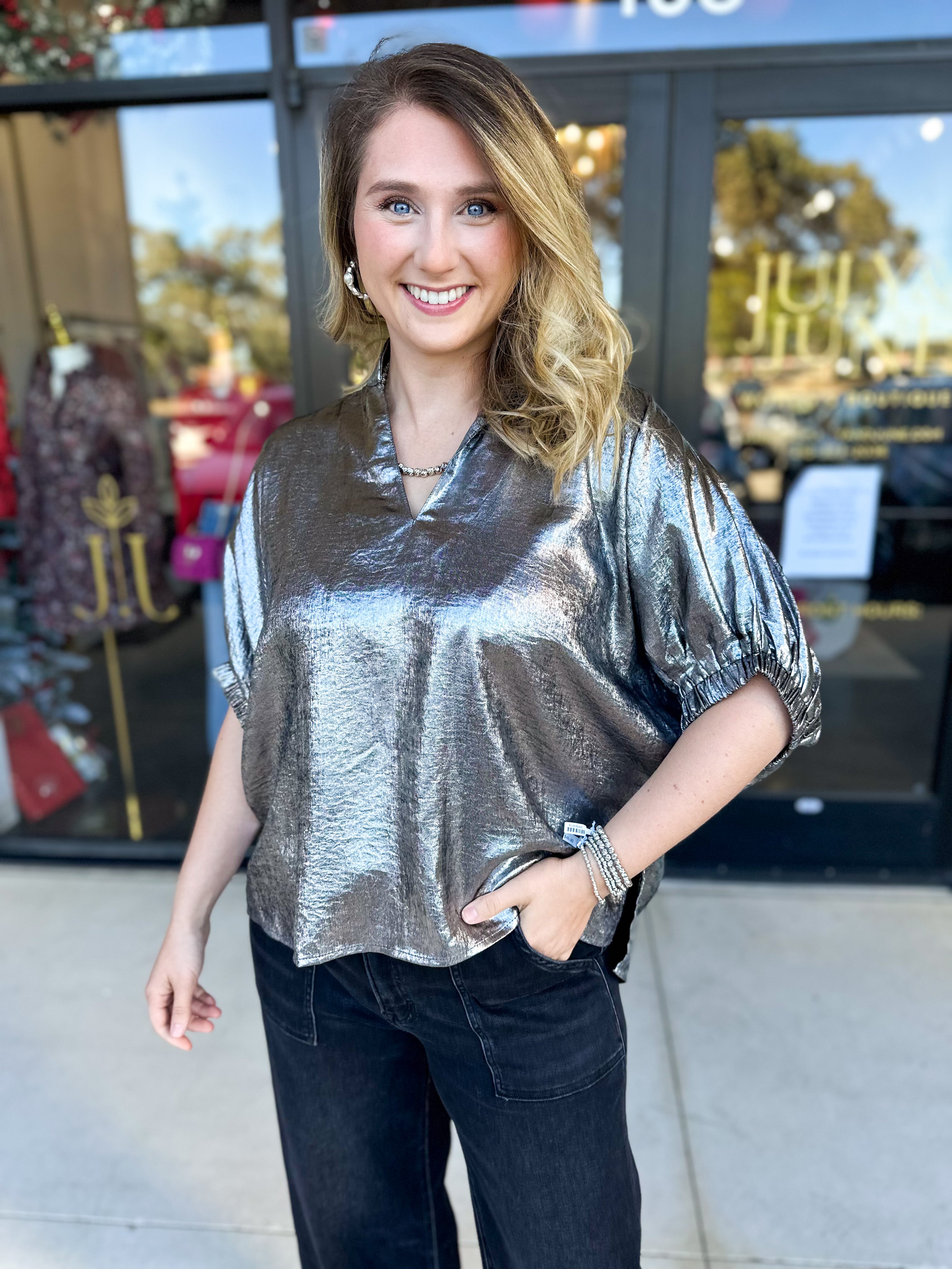 Celebration Blouse - Chrome-200 Fashion Blouses-ENTRO-July & June Women's Fashion Boutique Located in San Antonio, Texas