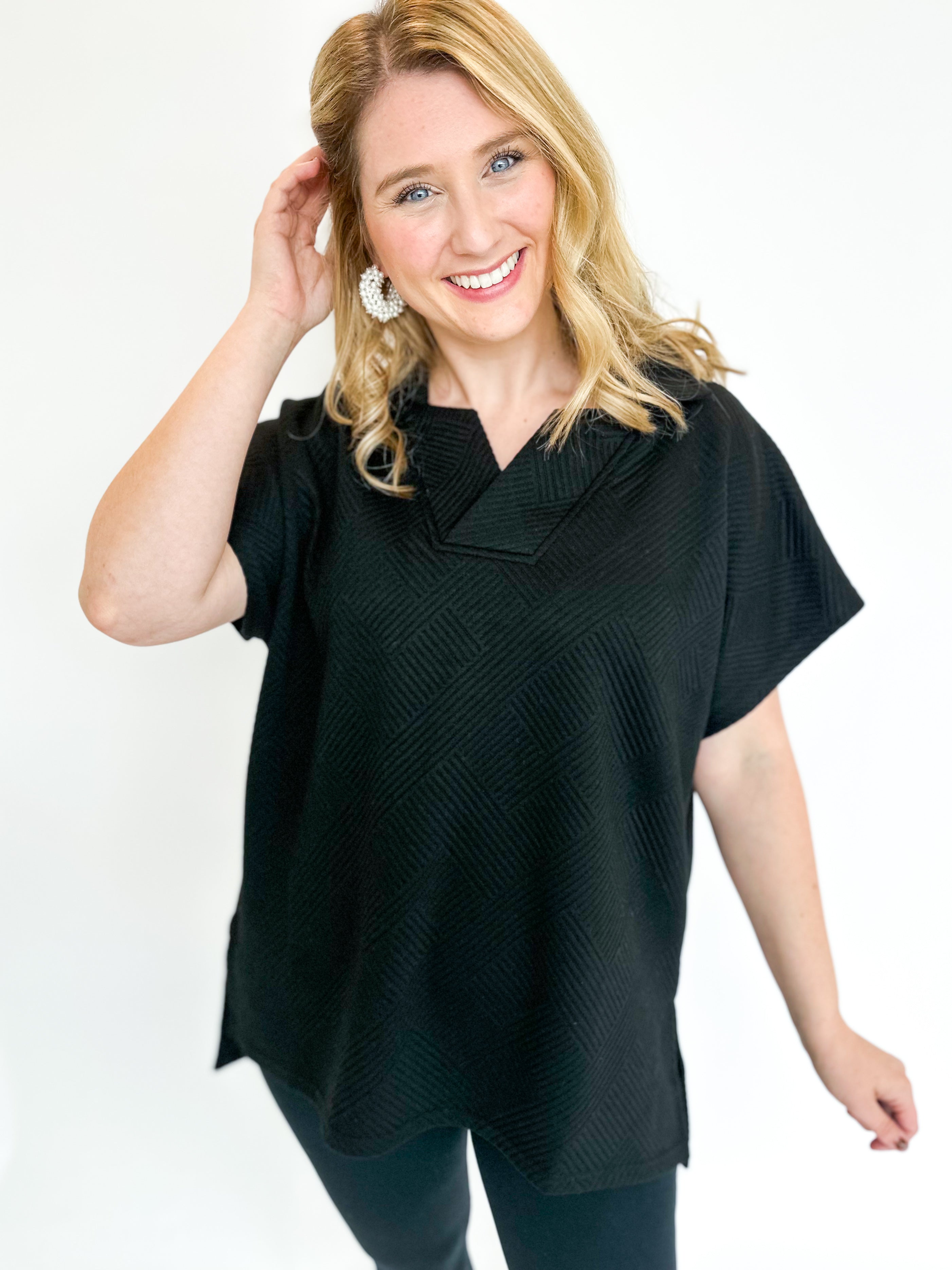 Textured Tunic - Black-200 Fashion Blouses-SEE AND BE SEEN-July & June Women's Fashion Boutique Located in San Antonio, Texas