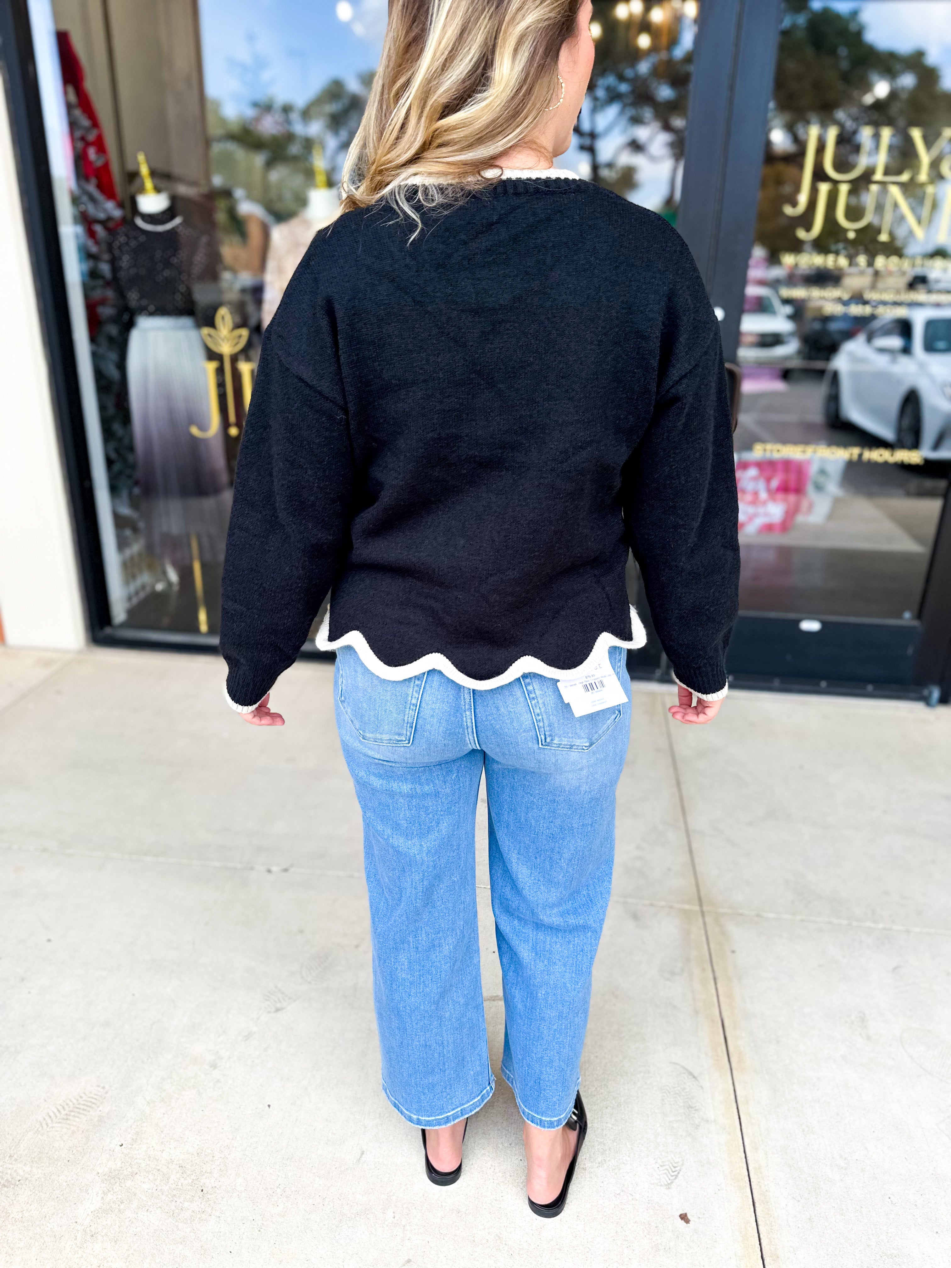 Scalloped Edges Sweater - Black-230 Sweaters/Cardis-ENTRO-July & June Women's Fashion Boutique Located in San Antonio, Texas