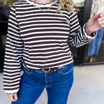 Chocolate Stripe Long Sleeve Top-210 Casual Blouses-POLOGRAM-July & June Women's Fashion Boutique Located in San Antonio, Texas