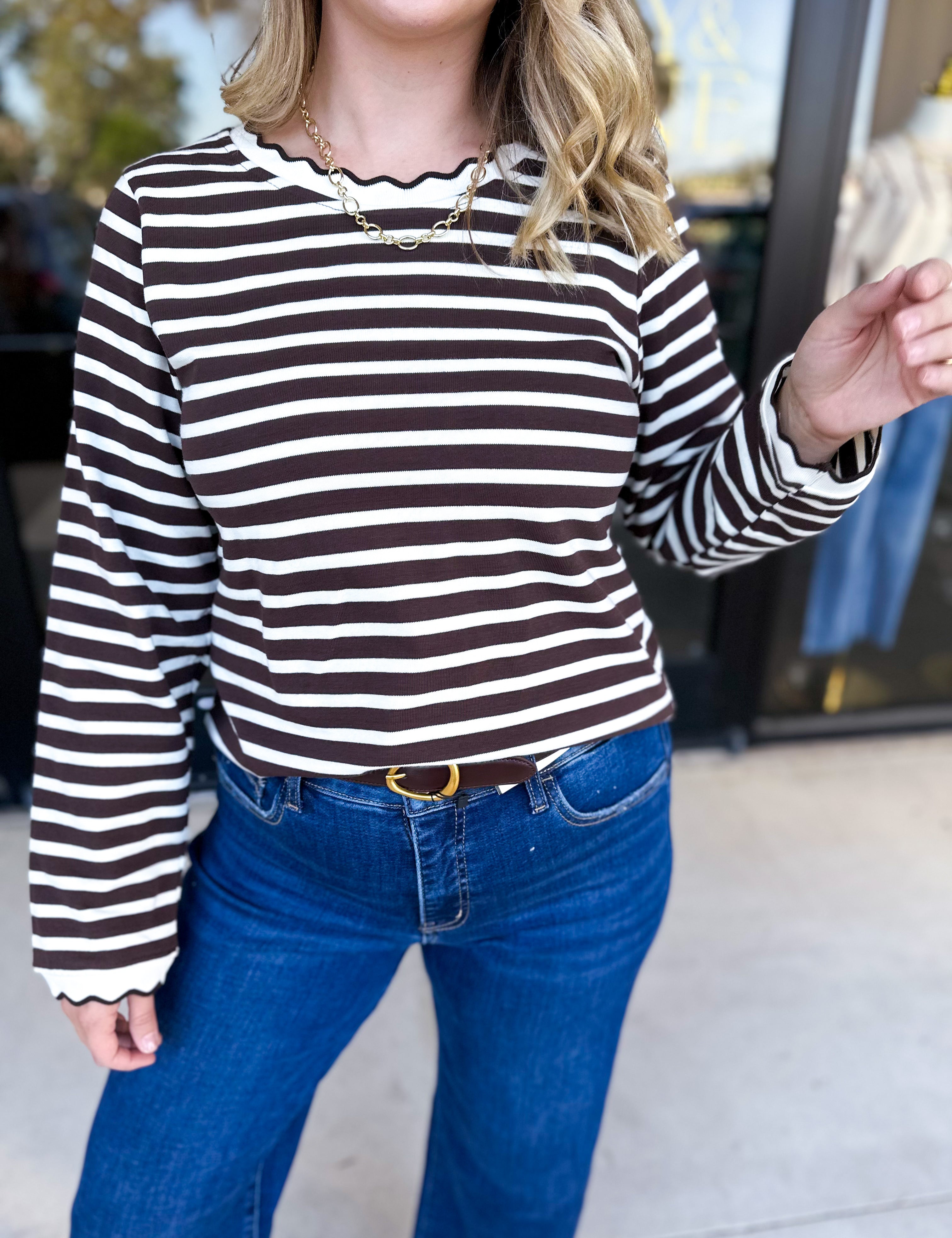 Chocolate Stripe Long Sleeve Top-210 Casual Blouses-POLOGRAM-July & June Women's Fashion Boutique Located in San Antonio, Texas