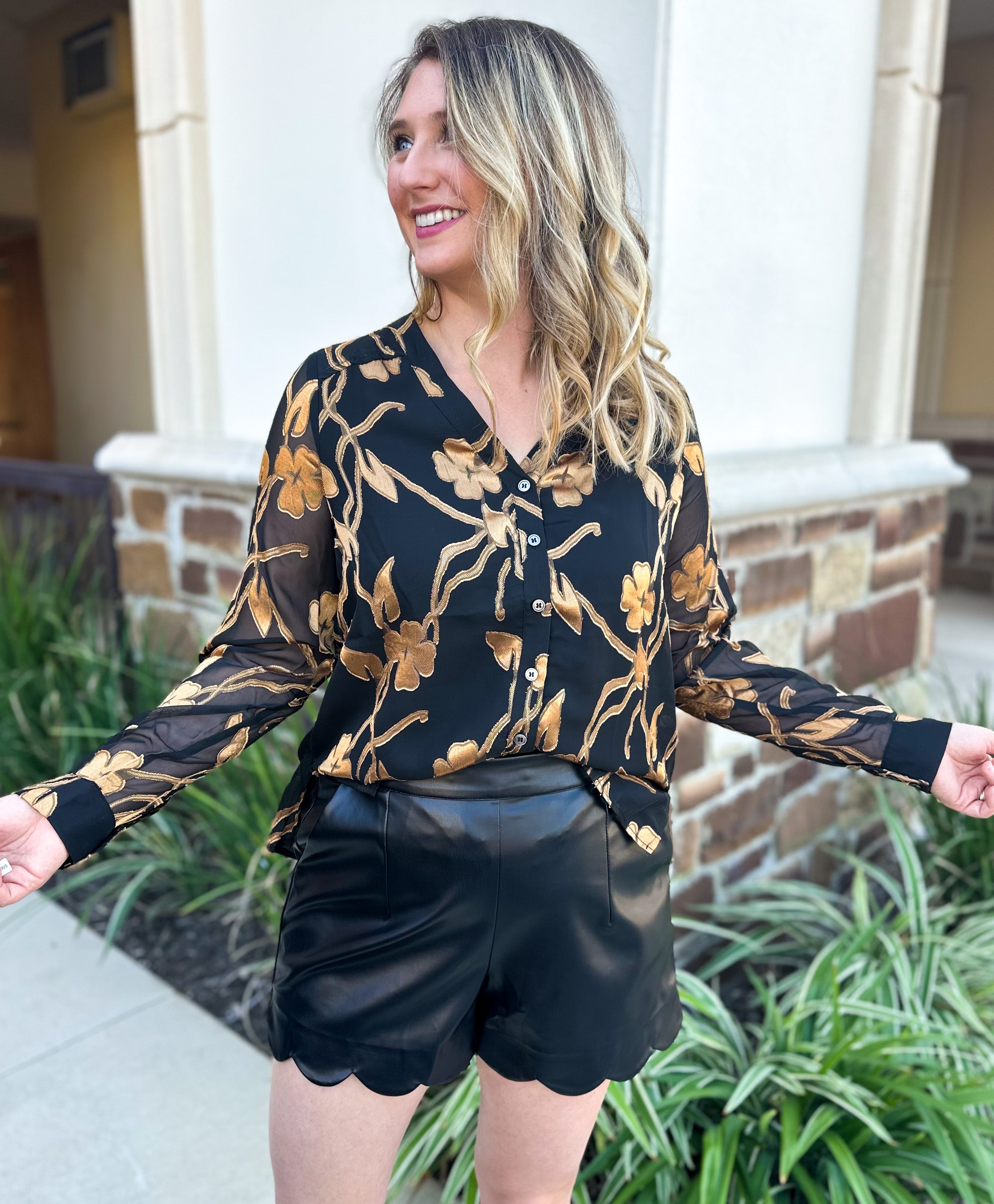 Current Air - Golden Floral Blouse-200 Fashion Blouses-CURRENT AIR CLOTHING-July & June Women's Fashion Boutique Located in San Antonio, Texas
