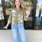 Mallory Embroidered Blouse - Light Olive-200 Fashion Blouses-ABLE-July & June Women's Fashion Boutique Located in San Antonio, Texas