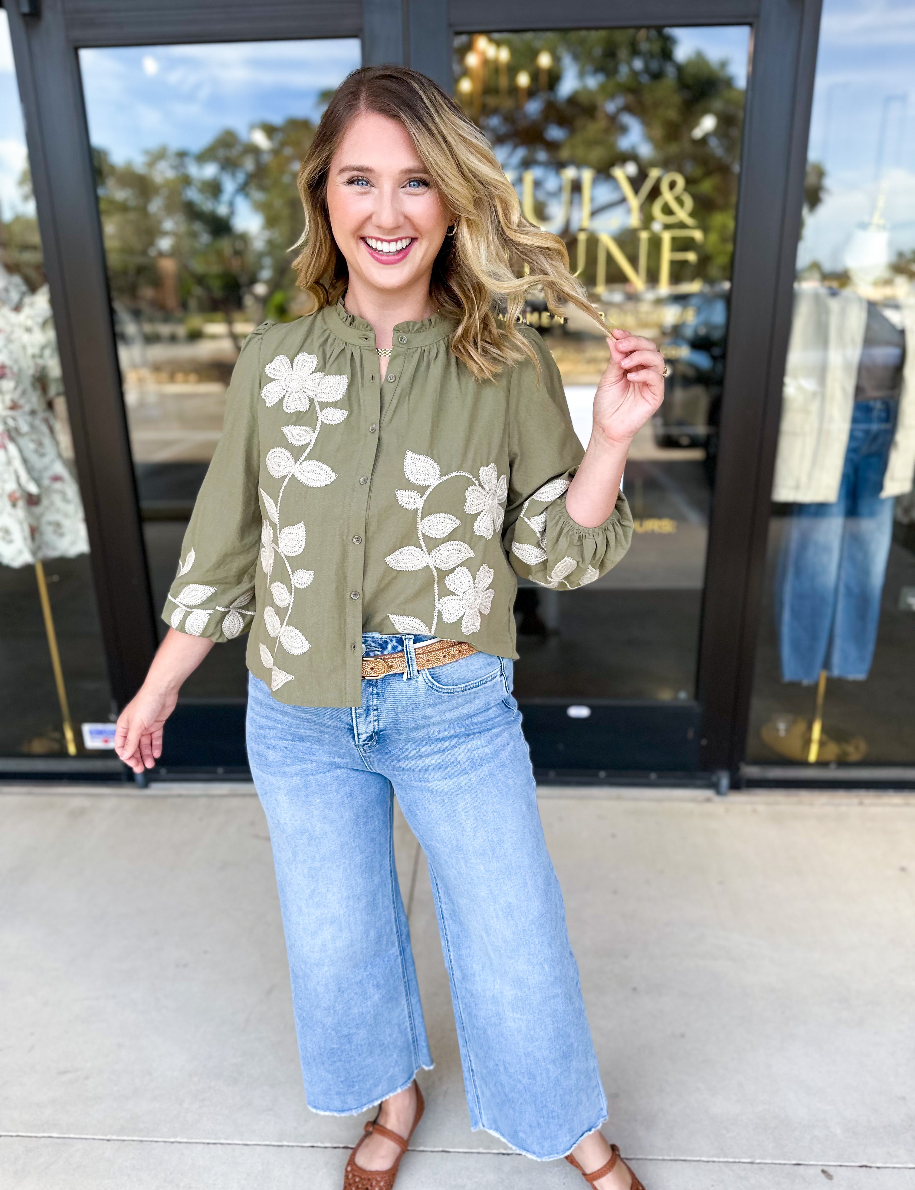 Mallory Embroidered Blouse - Light Olive-200 Fashion Blouses-ABLE-July & June Women's Fashion Boutique Located in San Antonio, Texas