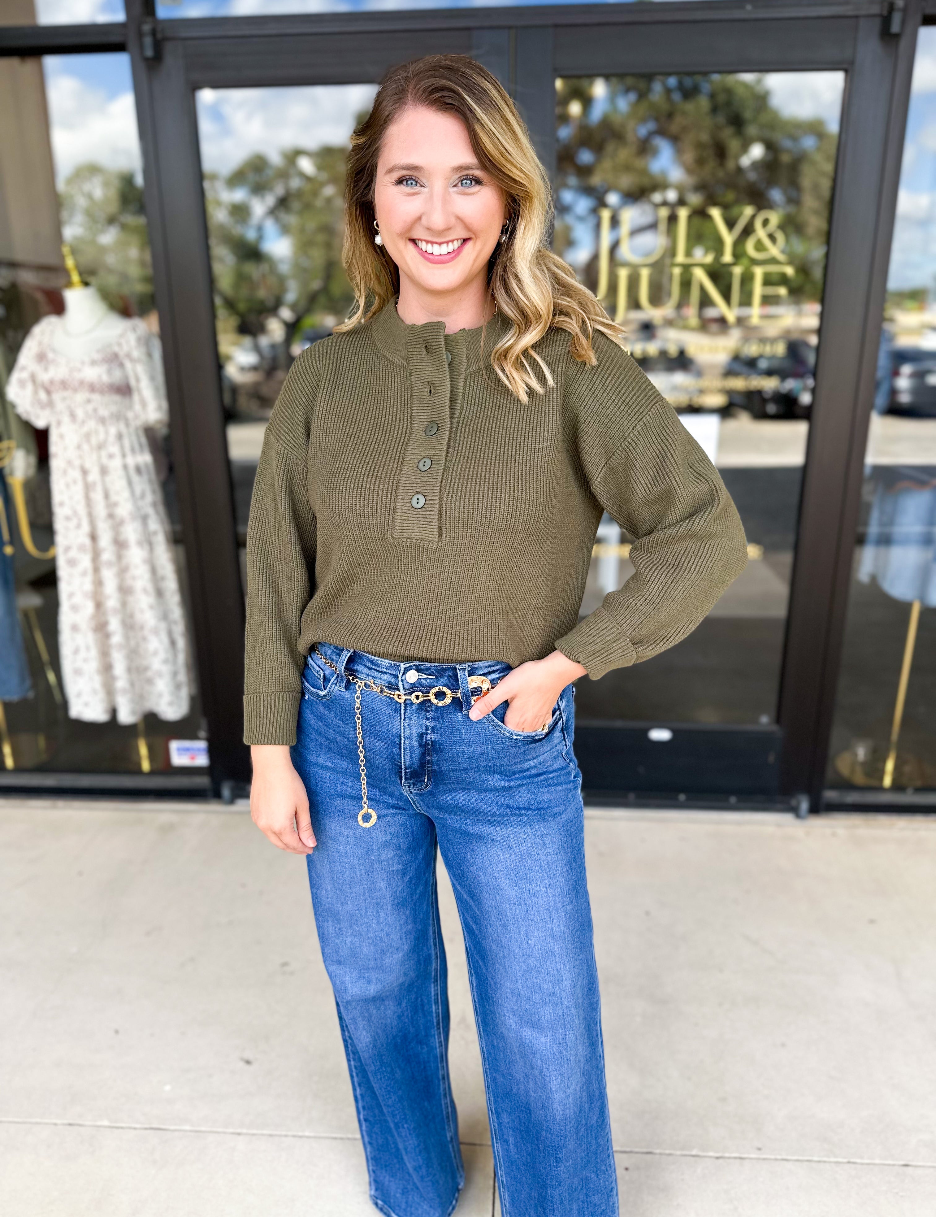 The Everyday Henley Sweater - Olive-230 Sweaters/Cardis-JODIFL-July & June Women's Fashion Boutique Located in San Antonio, Texas