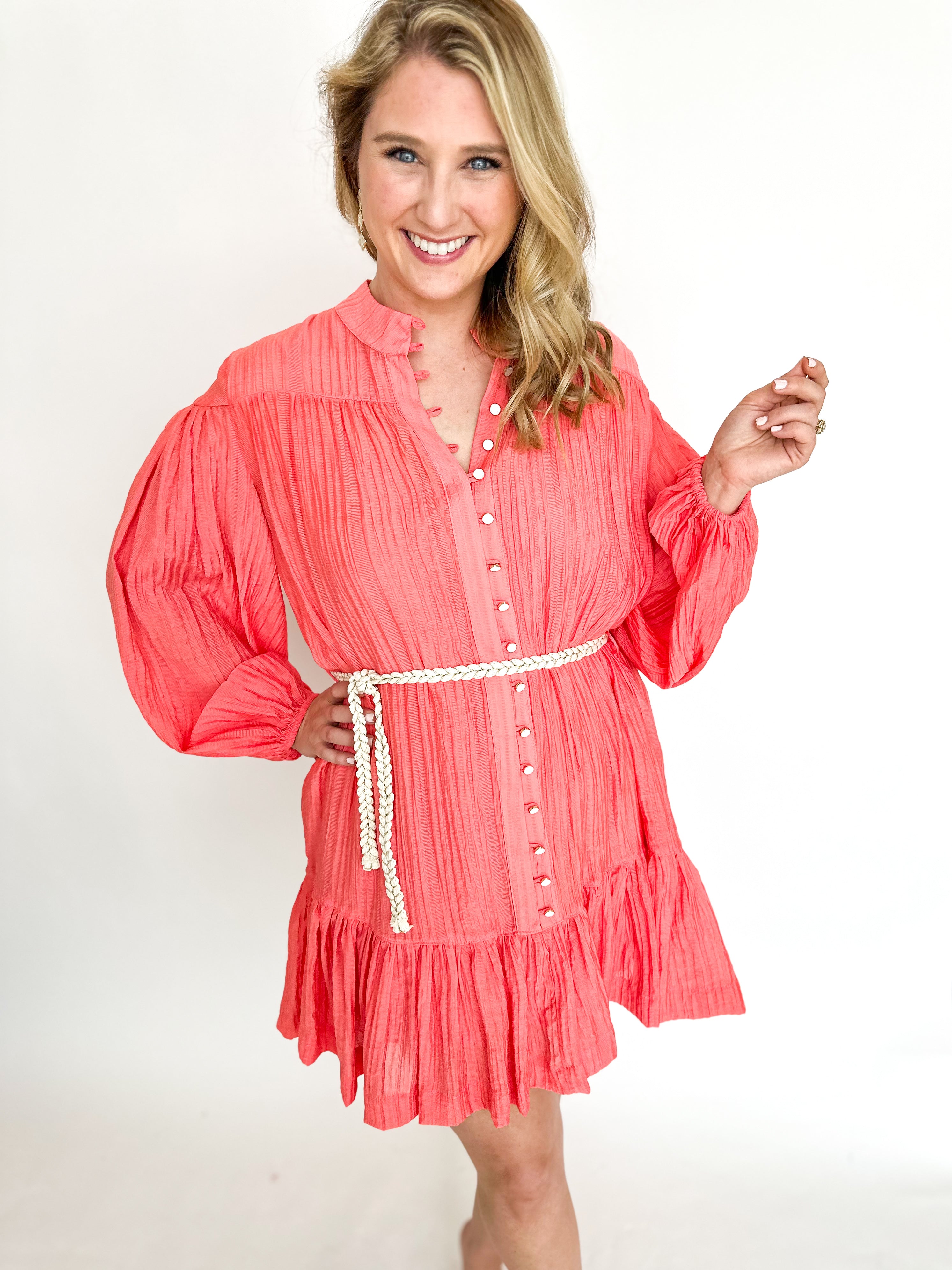 Belted Mini Dress - Coral-510 Mini-OLIVACEOUS-July & June Women's Fashion Boutique Located in San Antonio, Texas