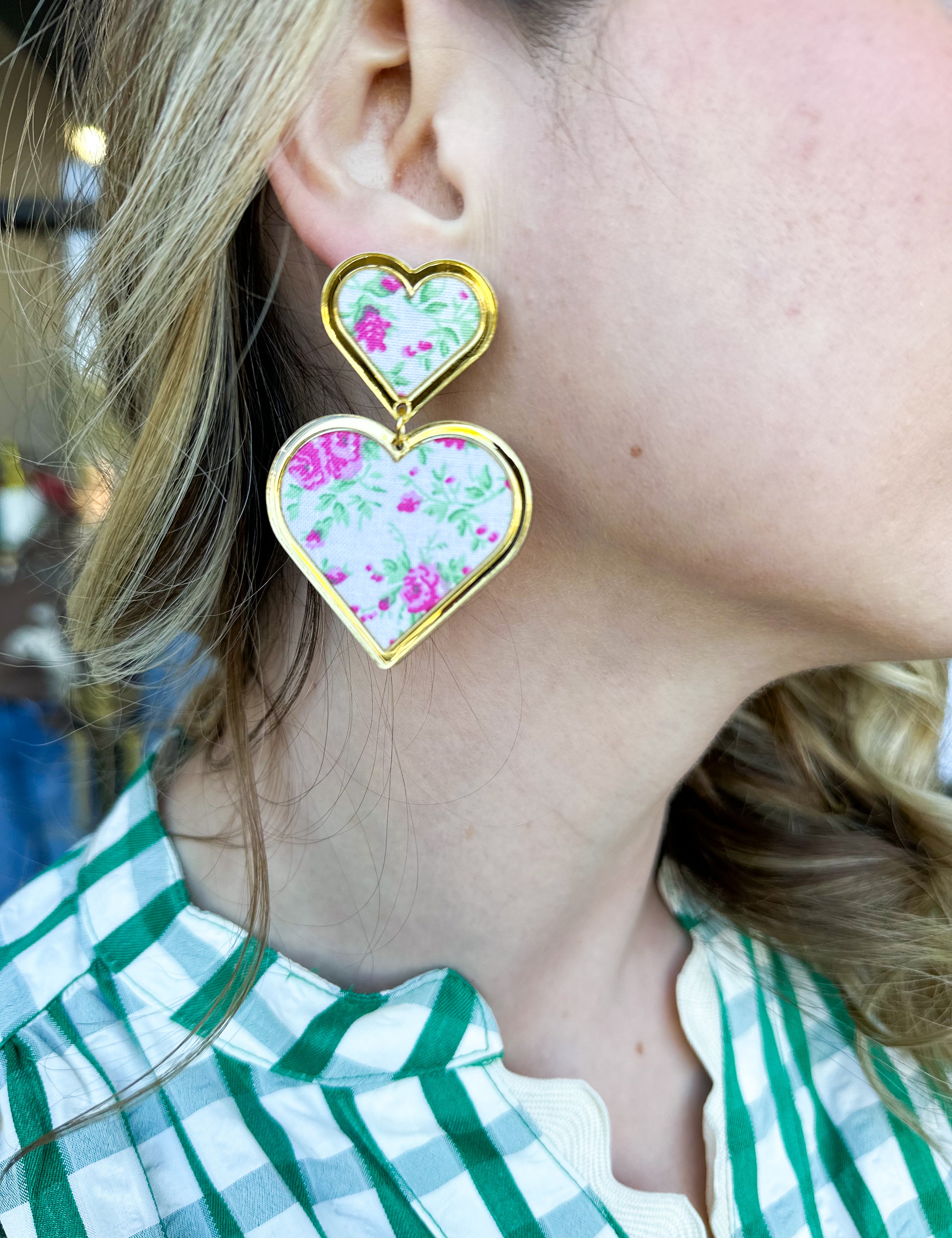 Bohemian Gemme - Pink Floral Heart Statement Earrings-110 Jewelry & Hair-Bohemian Gemme-July & June Women's Fashion Boutique Located in San Antonio, Texas