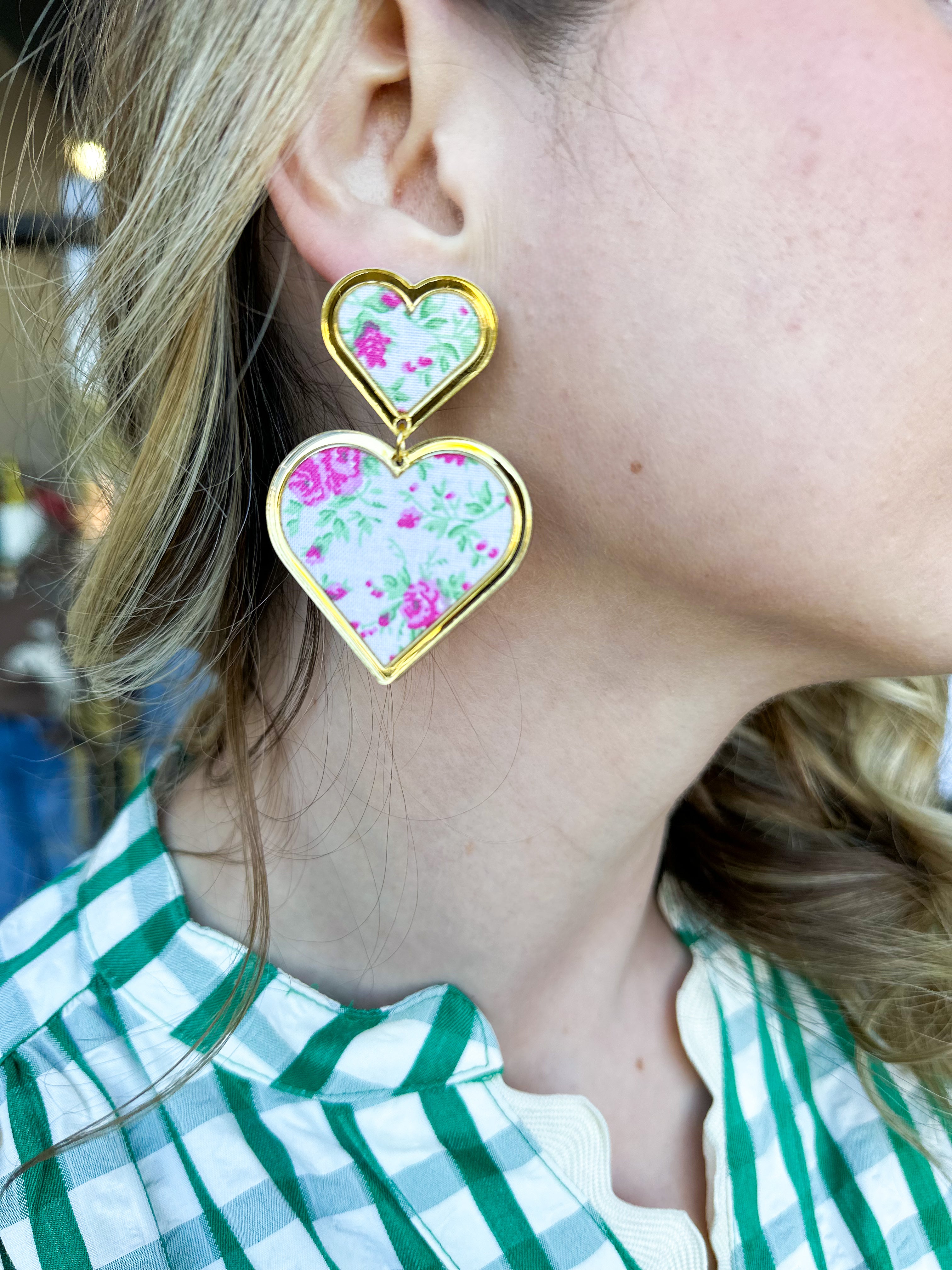 Bohemian Gemme - Pink Floral Heart Statement Earrings-110 Jewelry & Hair-Bohemian Gemme-July & June Women's Fashion Boutique Located in San Antonio, Texas